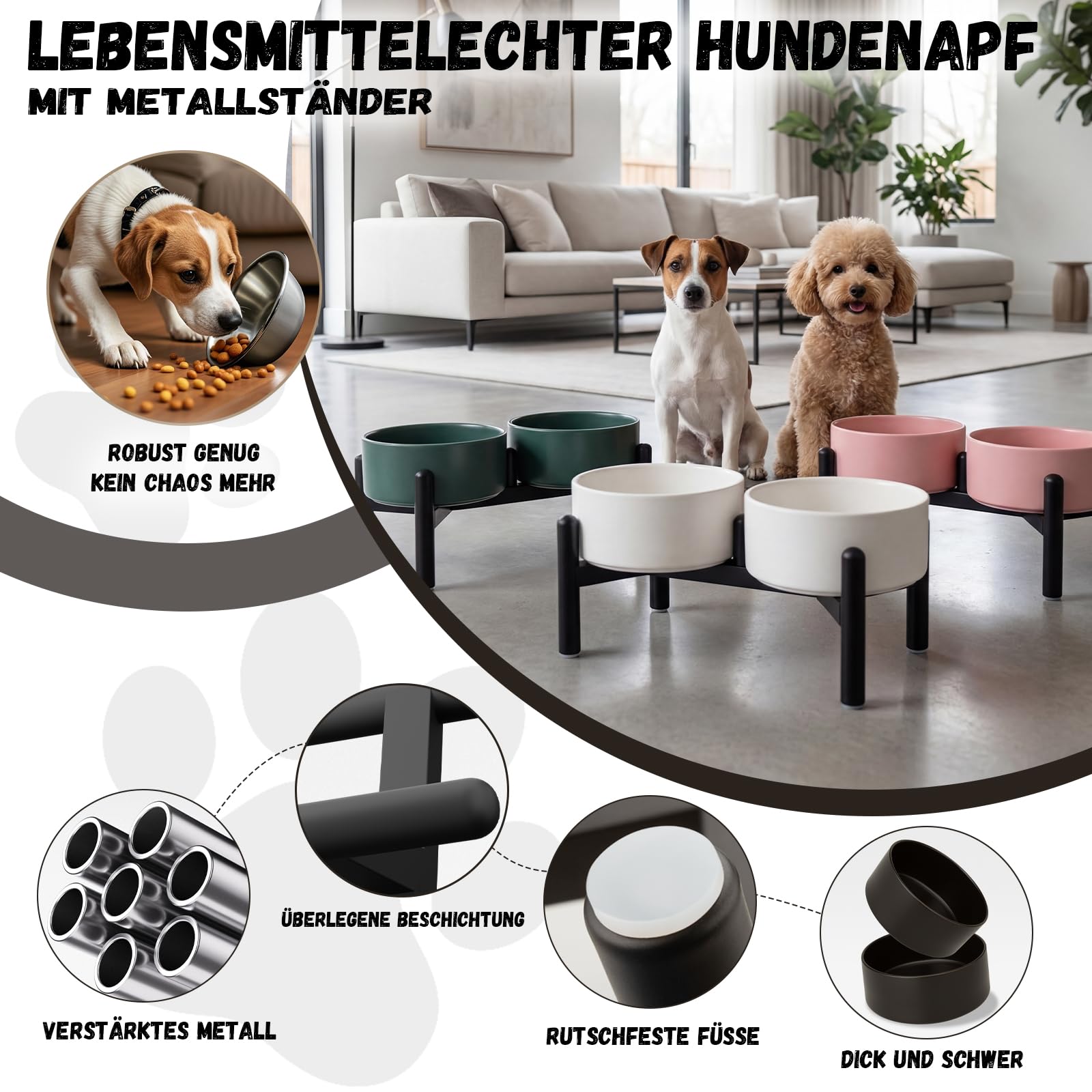 Futternapf Hund Erhöht Hundenapf Set - Doppelte Fressnapf Keramik mit Edelstahlständer - Ideal für Kleine und Mittelgroße Hunde - 660 ml x 2 - Grau