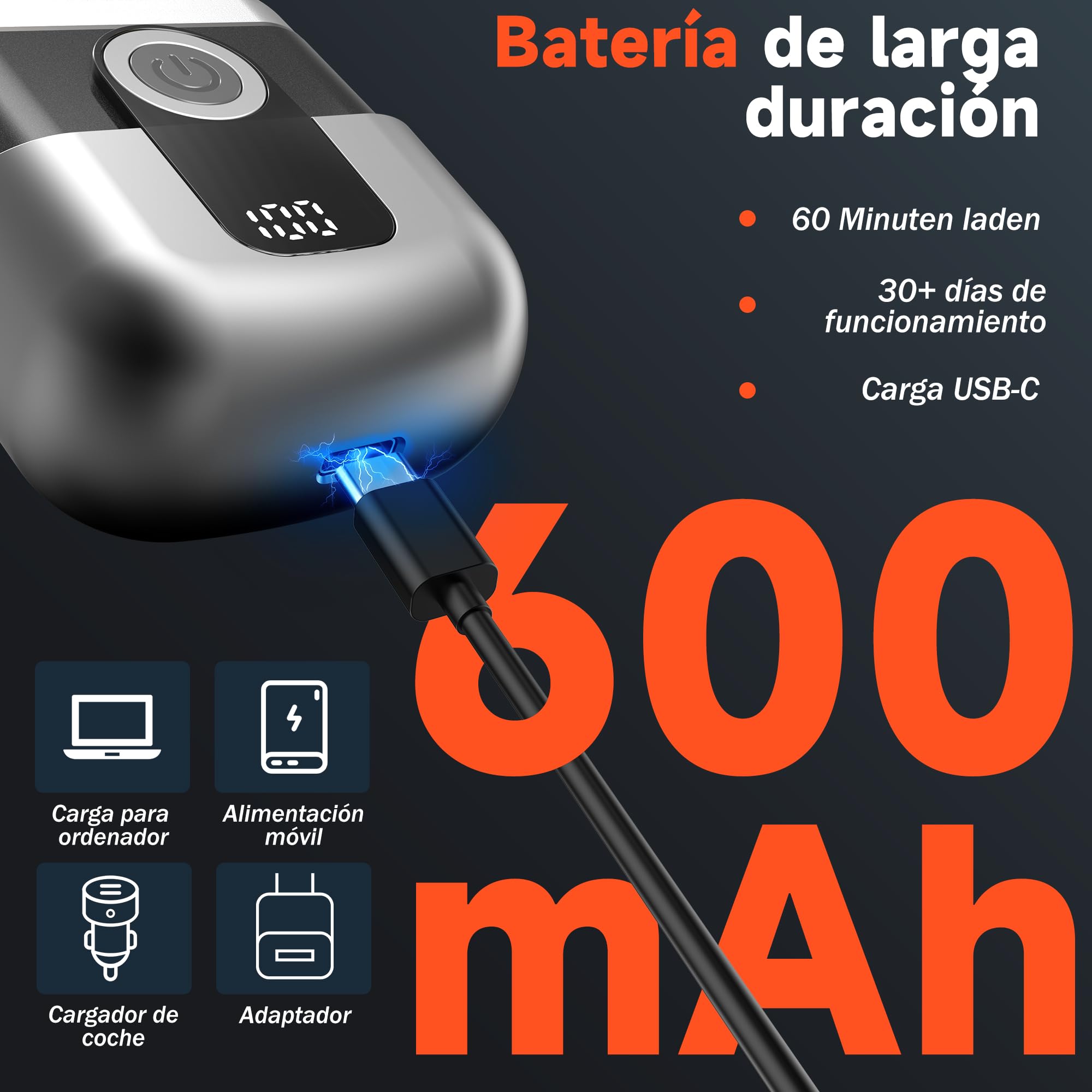 Mini Afeitadora Electrica para Hombres con Pantalla LED, Impermeable IPX6, Portátil Silenciosa y Lavable, Gris
