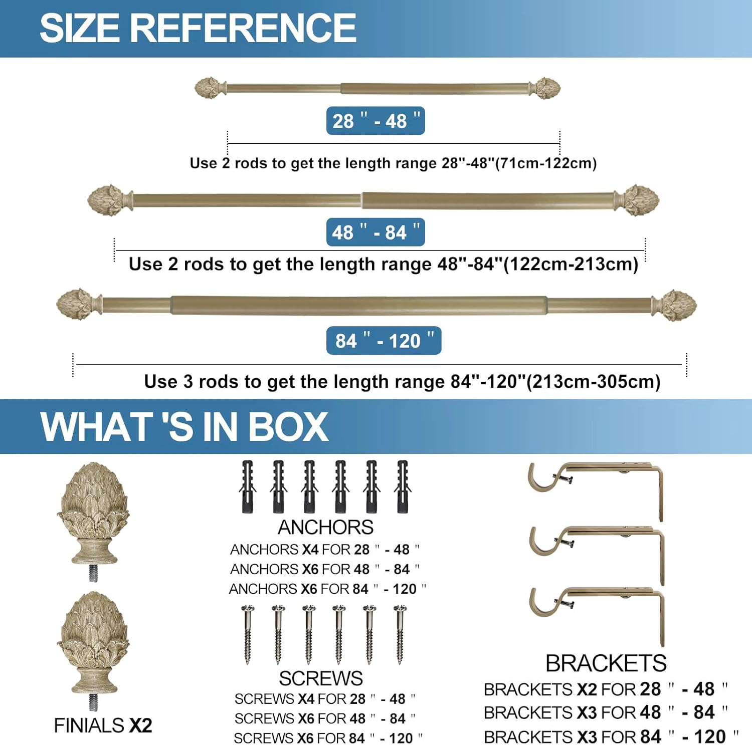 Urbanest 1-inch Diameter Artichoke Adjustable Single Drapery Curtain Rod, 48-inch to 84-inch, Cottage