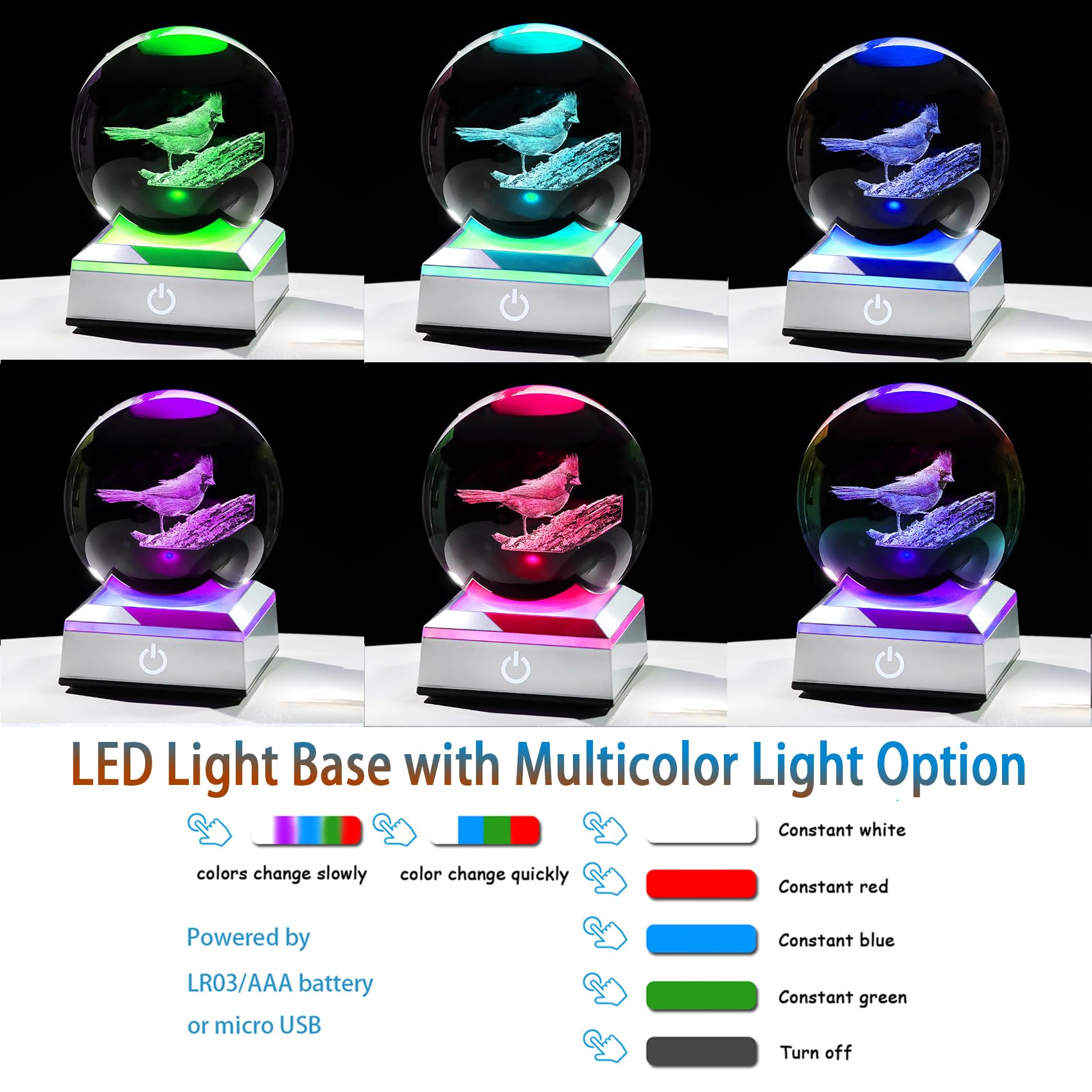 Cardinal Gifts for Women, Mom - 3D Crystal Ball 3.15in with Multicolor Led Light Base - Gifts for Daughter, Sister - Christmas Cardinal Statue Night Light Table Home Decor