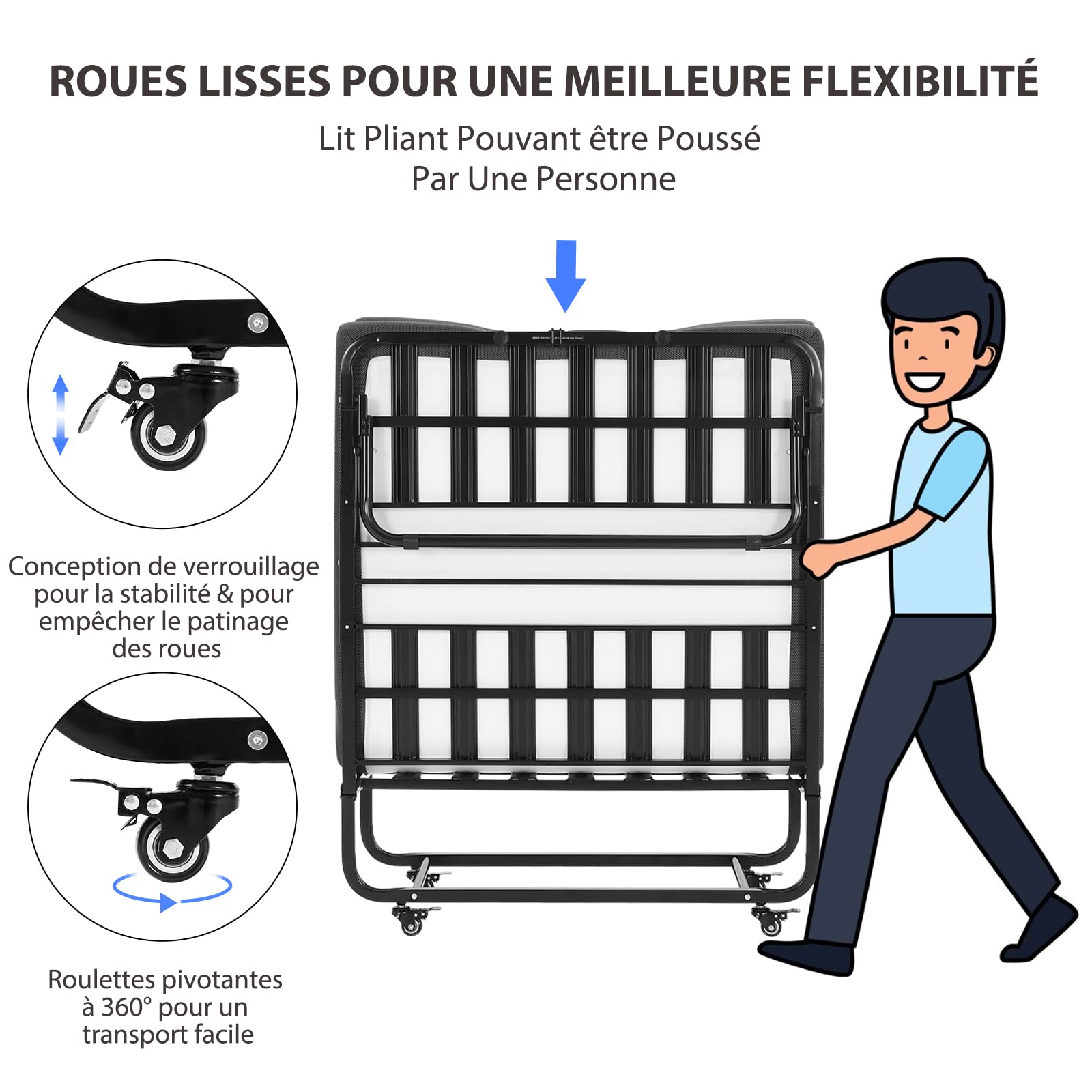 DICTAC Lit Pliant 1 Personne 90x200 avec 13 cm Matelas en Mousse à Mémoire de Forme lit Pliable adulte 90x200 avec Roulettes Métal Lit d'appoint 1 personne 90 x 200,facile à transporter et à assembler