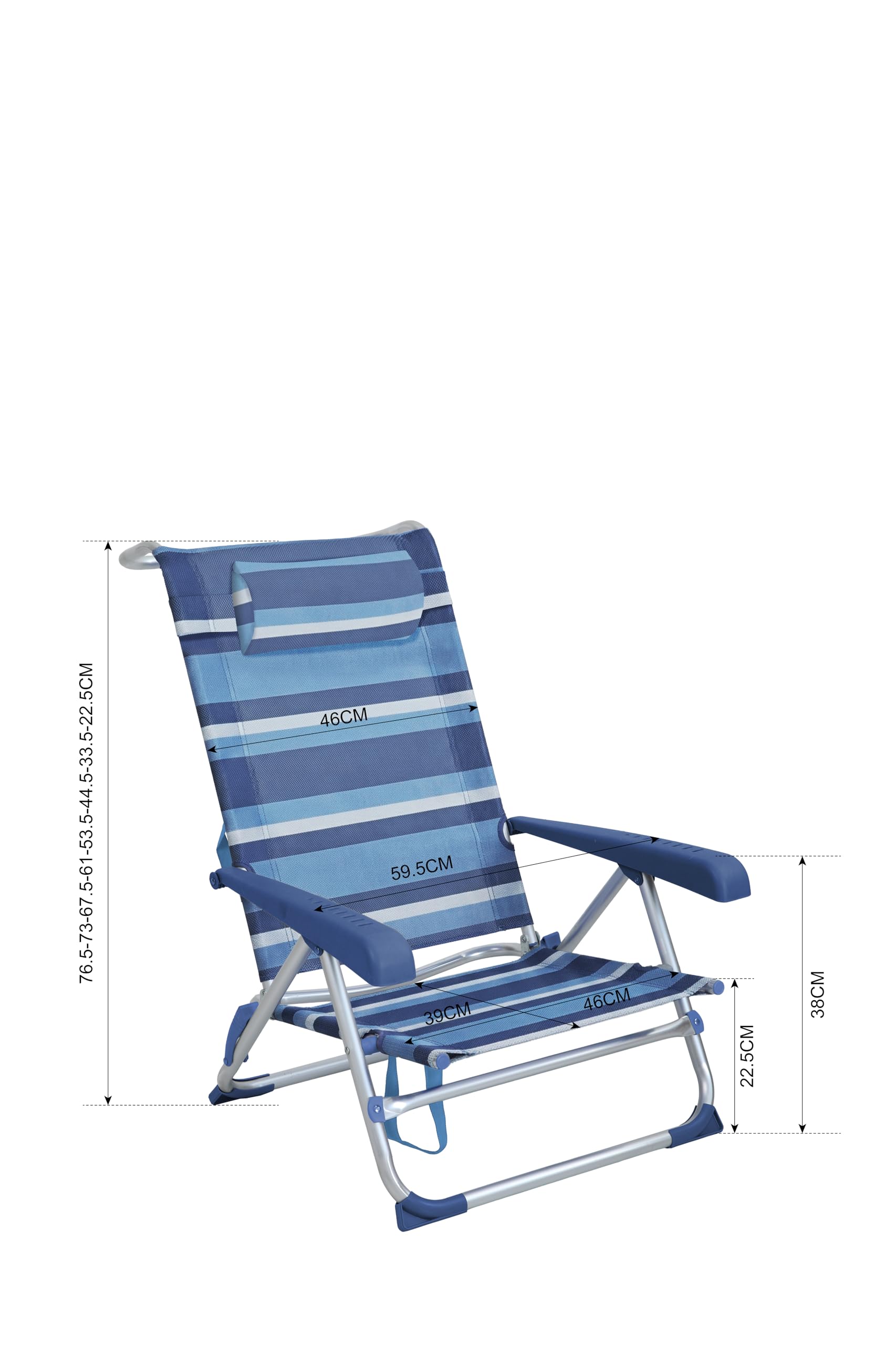 Spiaggina Pieghevole in Alluminio, Righe Blu, 8 Posizioni, con Poggiatesta e Braccioli, 59,5 x 85 x 76,5 cm