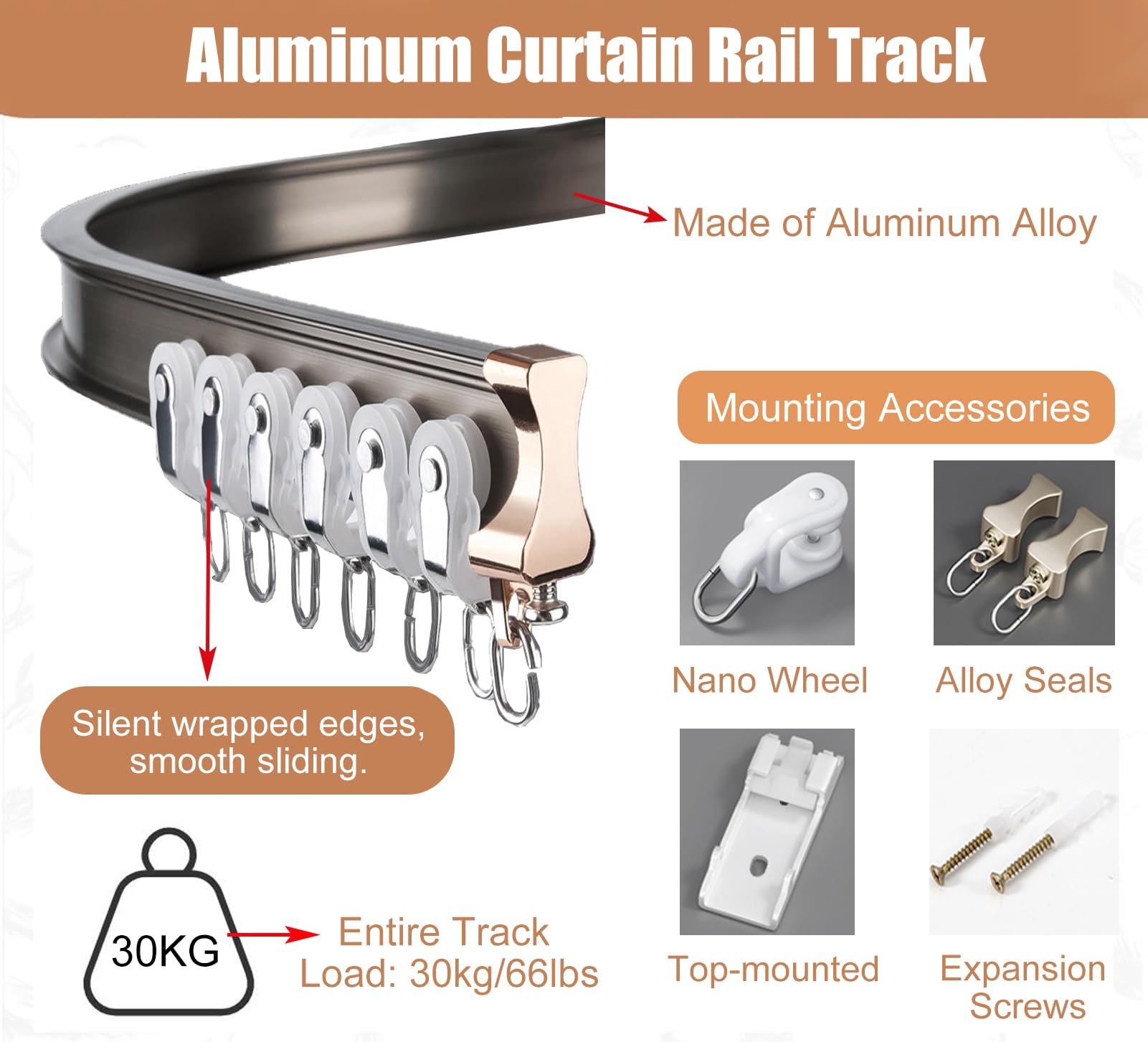 Blackout ain Track System - 2,0 m (6,6 ft) zginany uchwyt sufitowy z cichymi kółkami, idealny do salonu, sypialni, patio i pokoju - Ele Champagne h