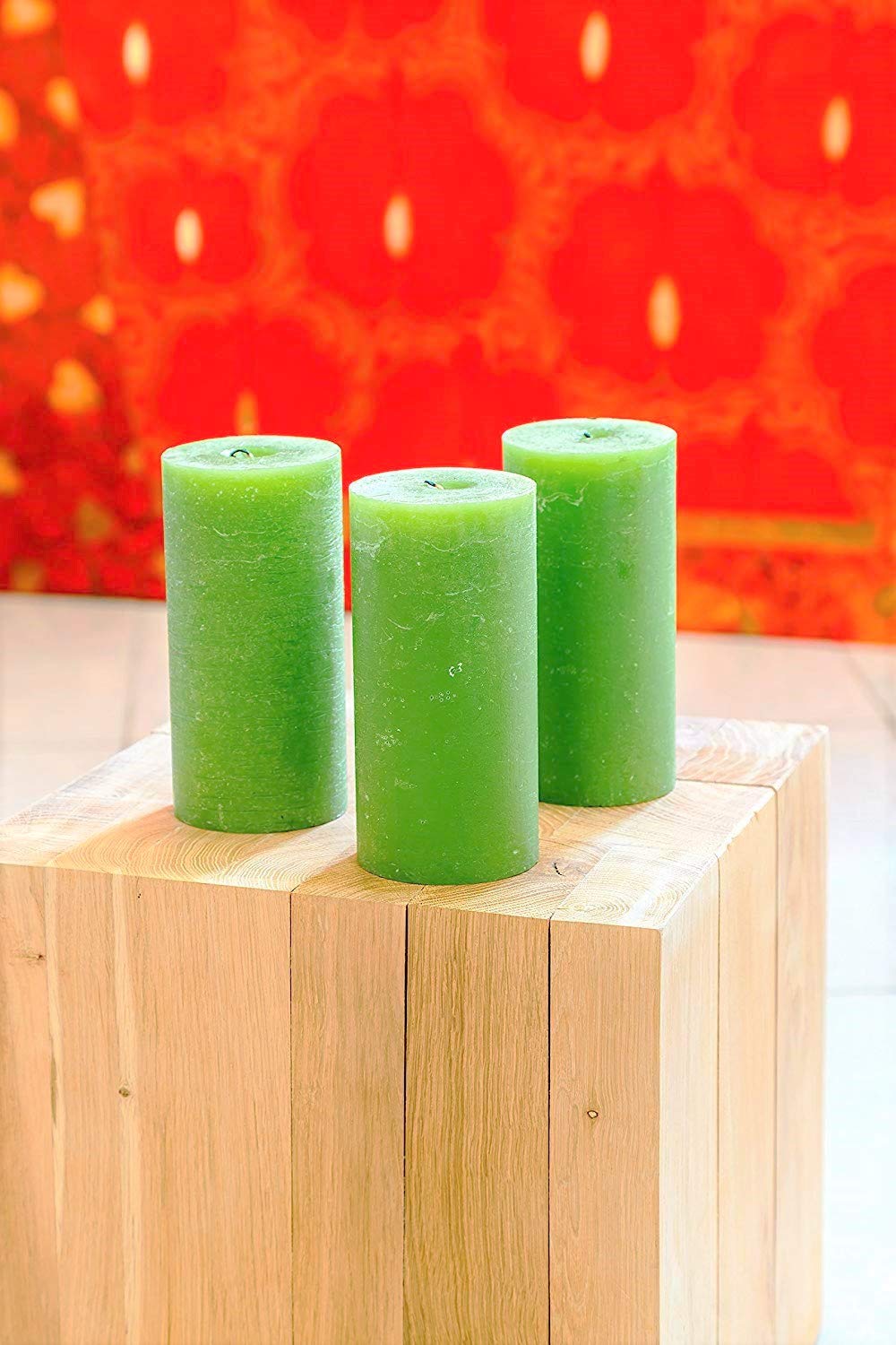 Melt Candle Company Lot de 3 Verde 7,5 x 15 cm bougies piliers Non parfuméespour mariages, Restaurants, décoration de Maison, Spa, église, mèche en Coton Qui ne Fume PAS