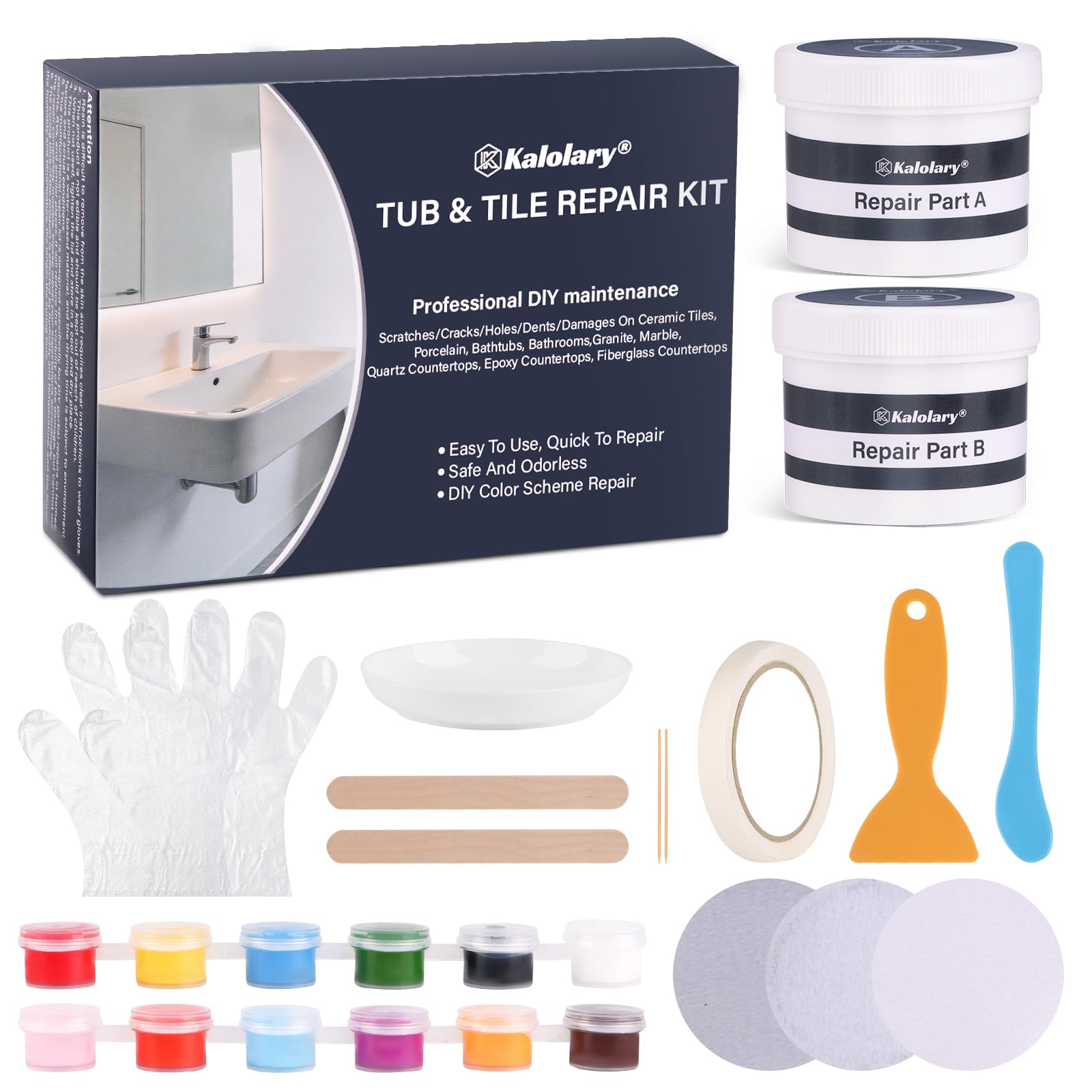 Kalolary Tub Repair Kit with 12 Colour Match Pigments, Bathtub Repair Kit