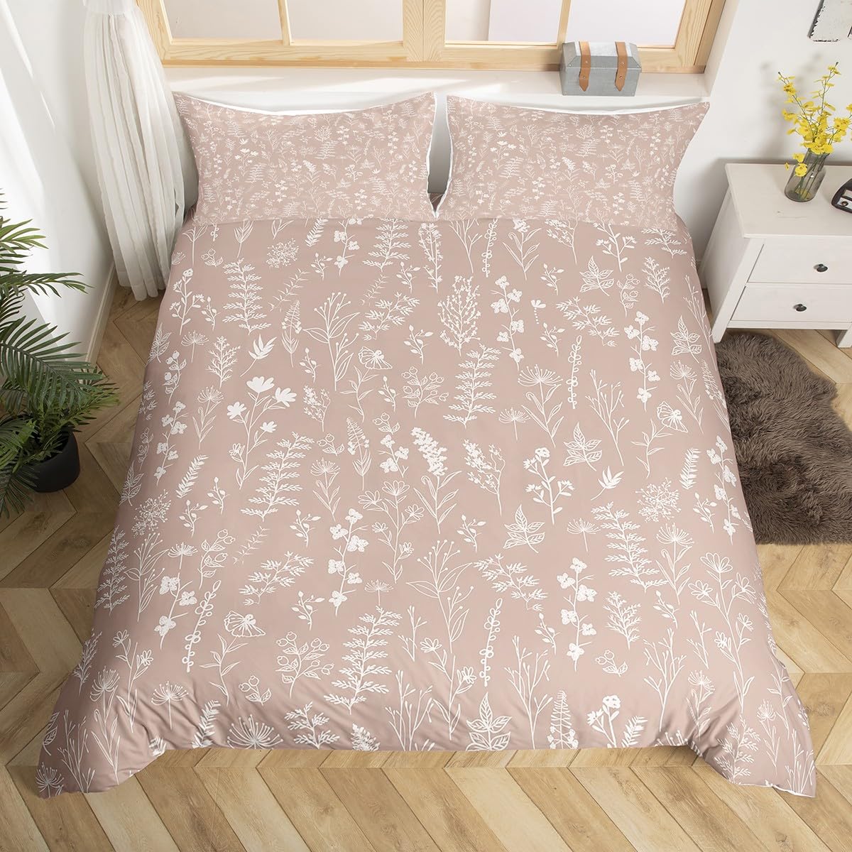 Homemissing Vintage Printed Duvet Cover Set Double Size Cute Floral Bedding Set for Kids Teen Women Wildflower Botanical Pattern Comforter Cover White Sage Pink Bed Cover Soft All Season 3Pcs