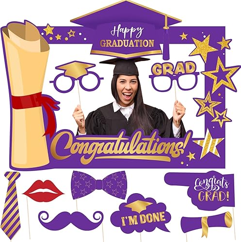 Decoraciones de fiesta de graduación moradas y doradas 2023, marco grande de cabina de fotos de felicitación púrpura con 9 piezas de accesorios de
