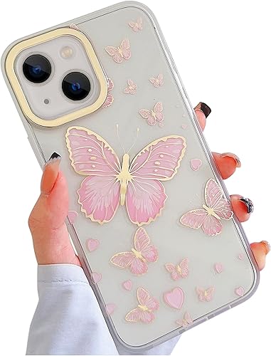 Funda transparente con purpurina para iPhone 15 Plus para mujeres y niñas, mariposas doradas, bonito patrón en forma de corazón, funda protectora