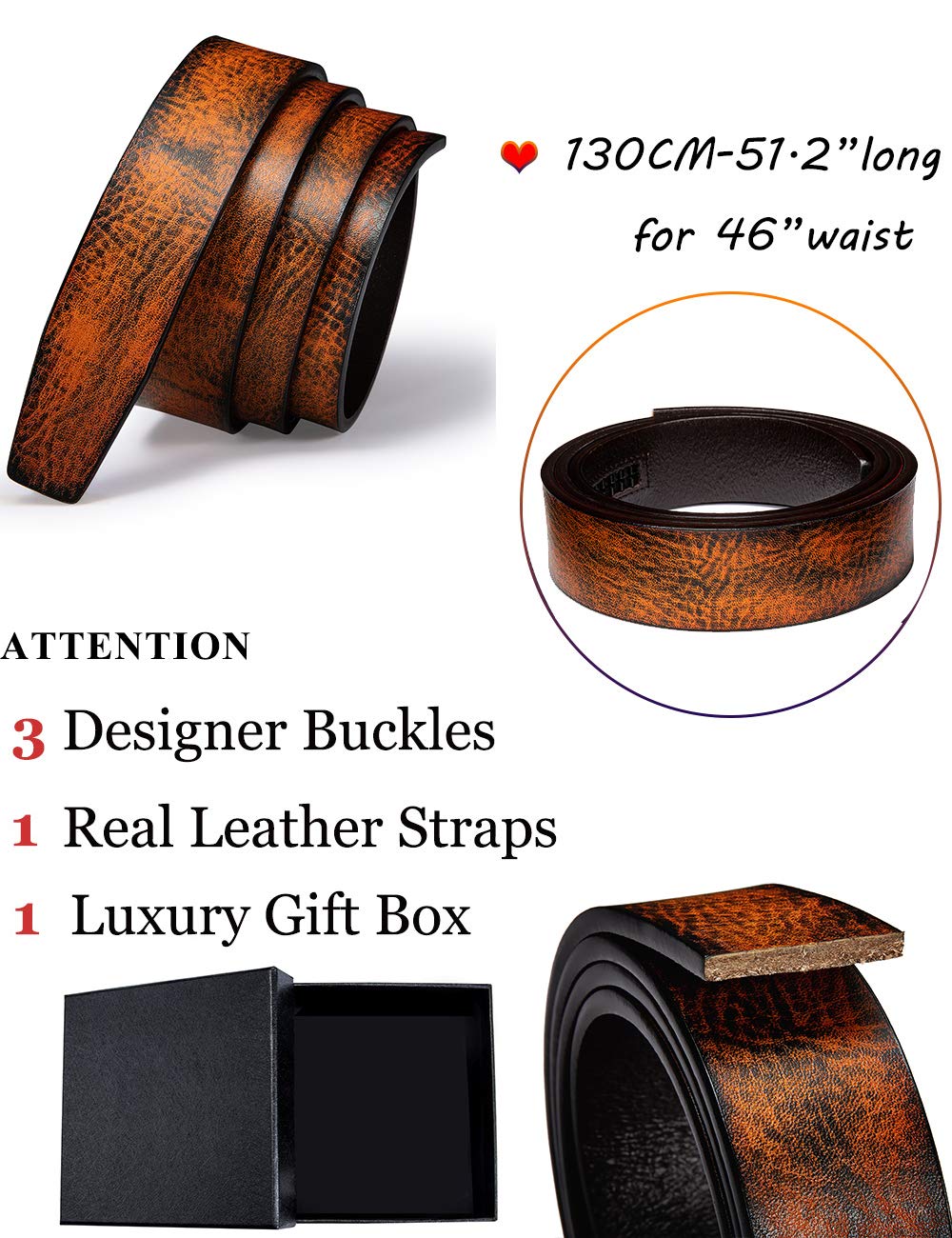 Barry.Wang Cinturones para hombre, color negro, diseño automático, hebilla de trinquete de metal, cinturón de cuero auténtico, ajustable (43 a 59 pulgadas), caja de regalo