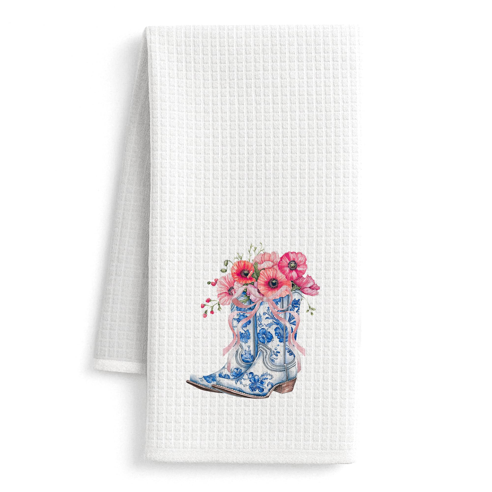 FISWAFY Coquette Pink Bow Chinoiserie Western Kitchen Towels, Preppy Western Dish Tea Towels for Kitchen Decor, Vintage Blue Floral Cowgirl Boots