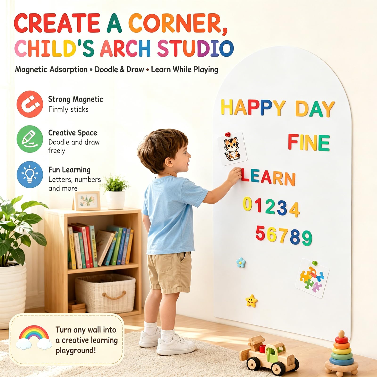 RANJIMA Adhesivo de pared magnético de 100 x 45 cm, pared magnética autoadhesiva para dibujar y escribir, lámina magnética regrabable con accesorios, pizarra magnética para casa, oficina, aprendizaje