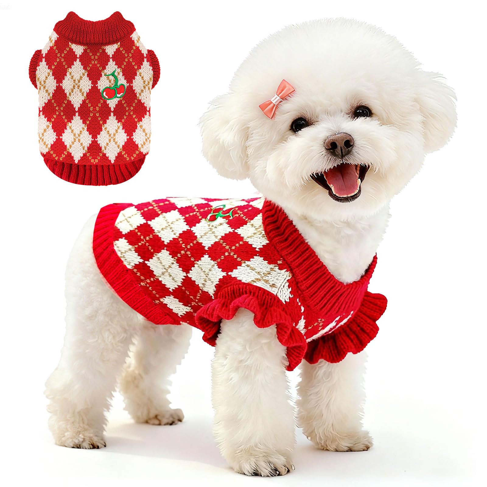 BAEJMJK Suéter fofo de cereja para cães pequenos, roupas macias para meninas, gola rolê,