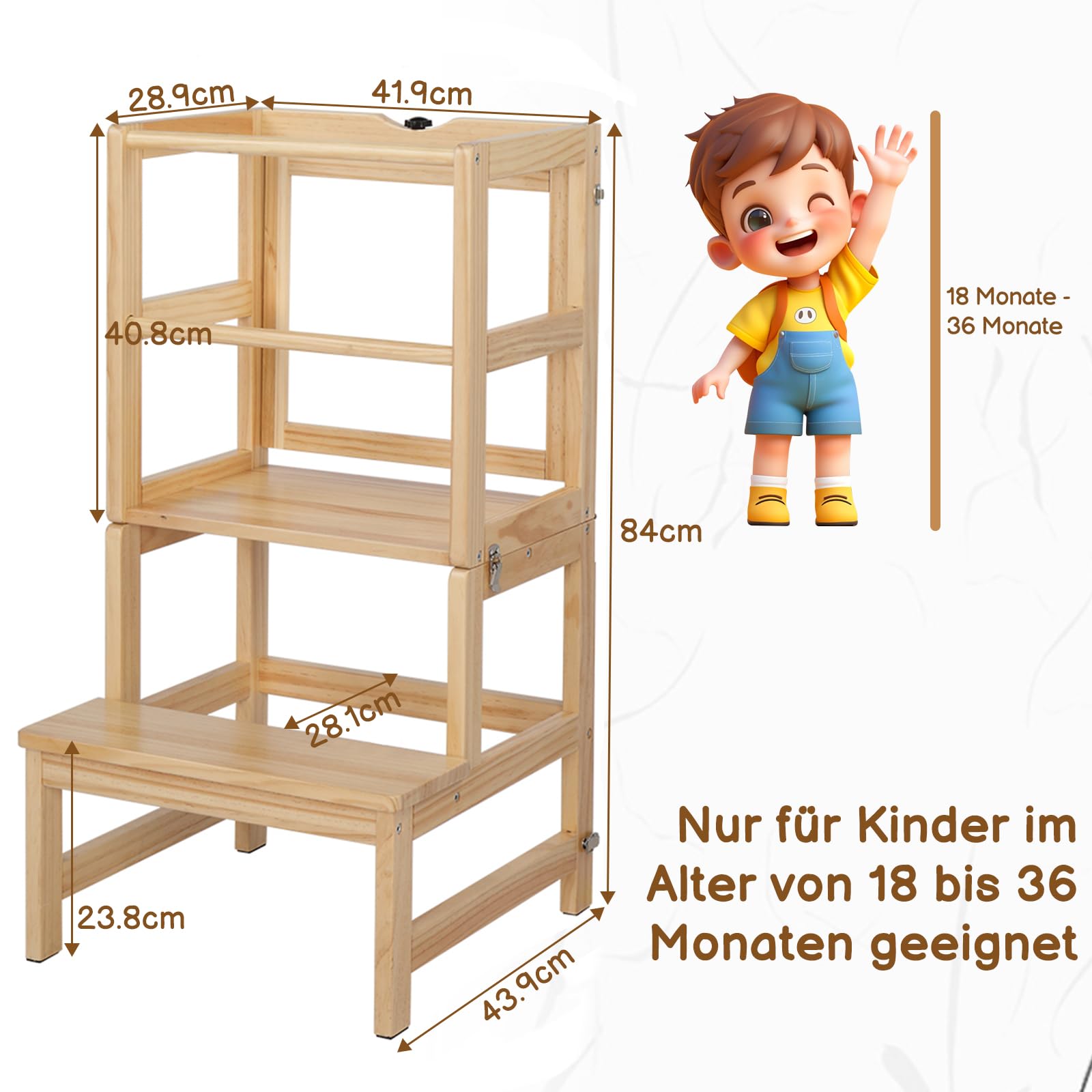 LALAHO Lernturm ab 1 Jahr，Tritthocker Holz，Lernturm Klappbar mit rutschfeste Matte，Montessori Inspiriert，Für Küche & Bad（Natur）
