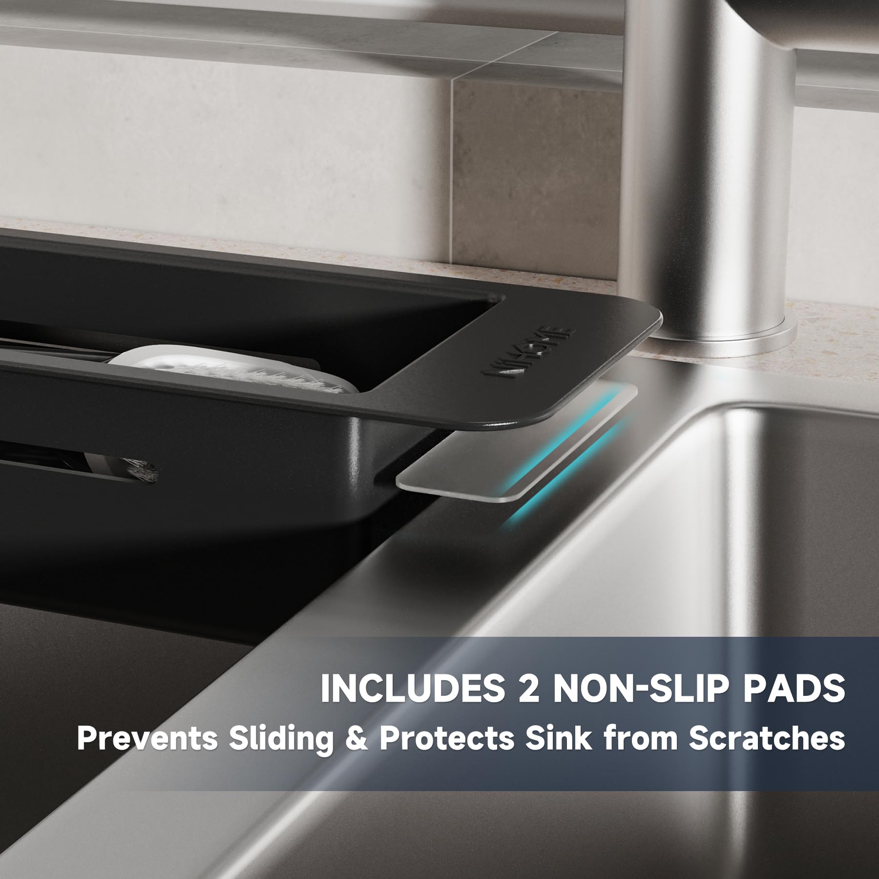 Organizador de cocina extensible sobre el fregadero, pequeño estante telescópico de almacenamiento de cepillos para esponja, almohadillas antideslizantes, organizador de fregadero expandible 5