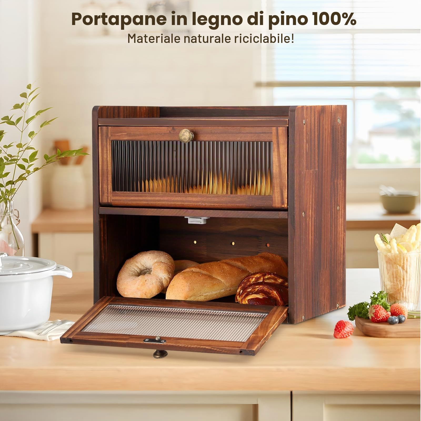 Contenitore per il Pane Doppio Strato per il Piano di Lavoro della Cucina, Portapane in Legno con Finestre, Scatola per Alimenti Secchi con Prese D'aria per Mantenere il Pane Fresco(Marrone)