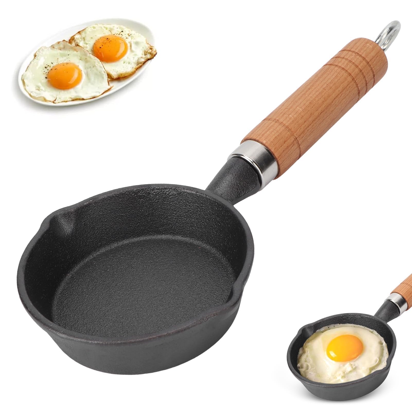 LTLWSH Gietijzer Kleine Koekepan 16cm/18cm met Dubbele Handvat Koekenpan en Geïsoleerde Houten mat voor Halogeoven Elektrische Keramische Kachel Elektrische Oven Inductie Kookplaat, 18cm