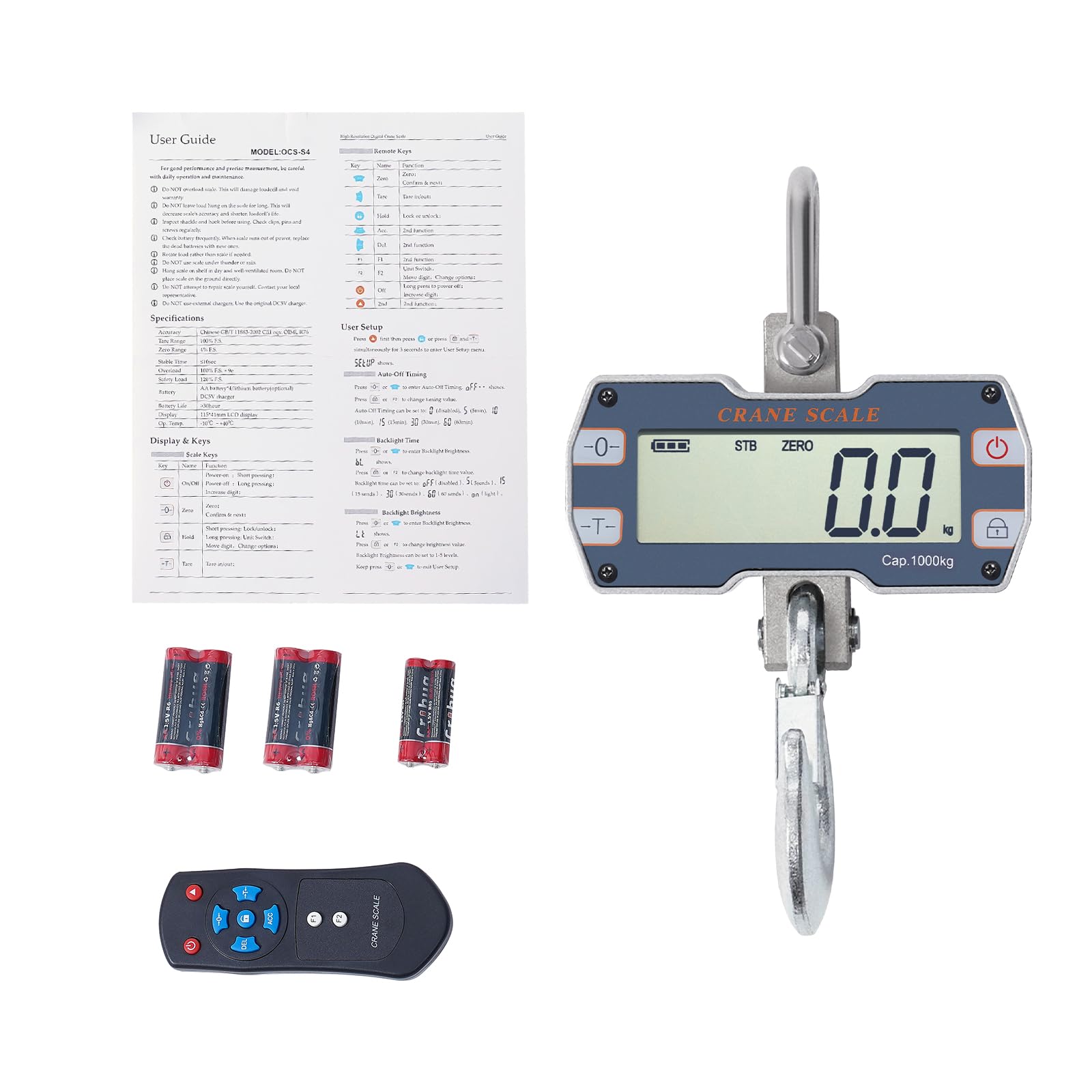 1000kg/2000kg Digital Crane Scale, Heavy Duty Hanging Scale, OCS-S4 Crane Scale with Remote Controller, LCD Display Screen and Battery(Grey/Orange) (1000kg(Silver Grey))