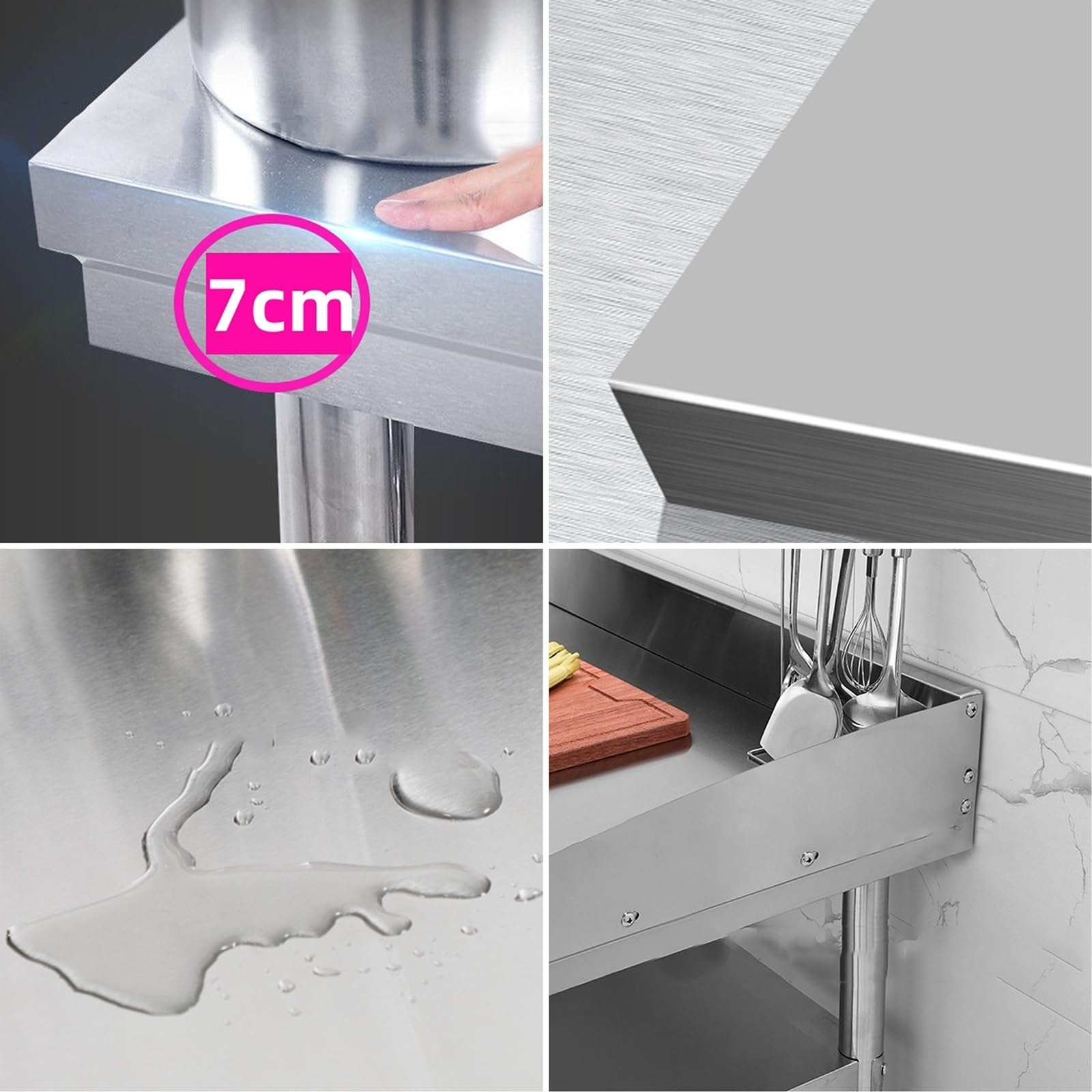 Banco de trabajo de acero inoxidable con recinto, diseño curvado de tres niveles, mesa de preparación de cocina, estación de trabajo de metal, 80 x 50 x 80 cm, ideal para espacios culinarios