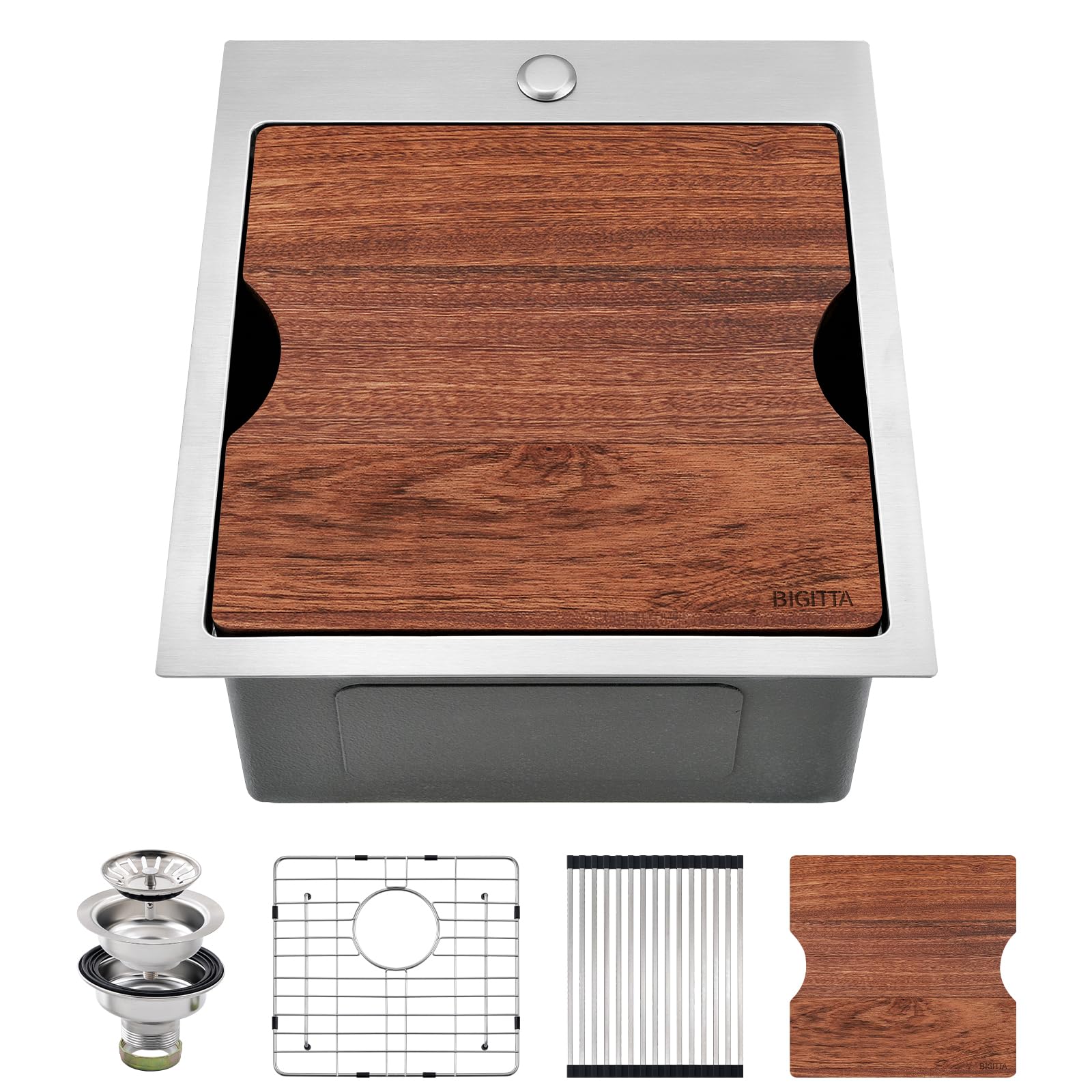 BIGITTA 17 Inch Drop in Bar Sink - 17x19x10 Inch Top Mount Kitchen Sink 16 Gauge Stainless Steel Workstation Bar Sink 10 Inch Deep Single Bowl Sink with Cutting Board