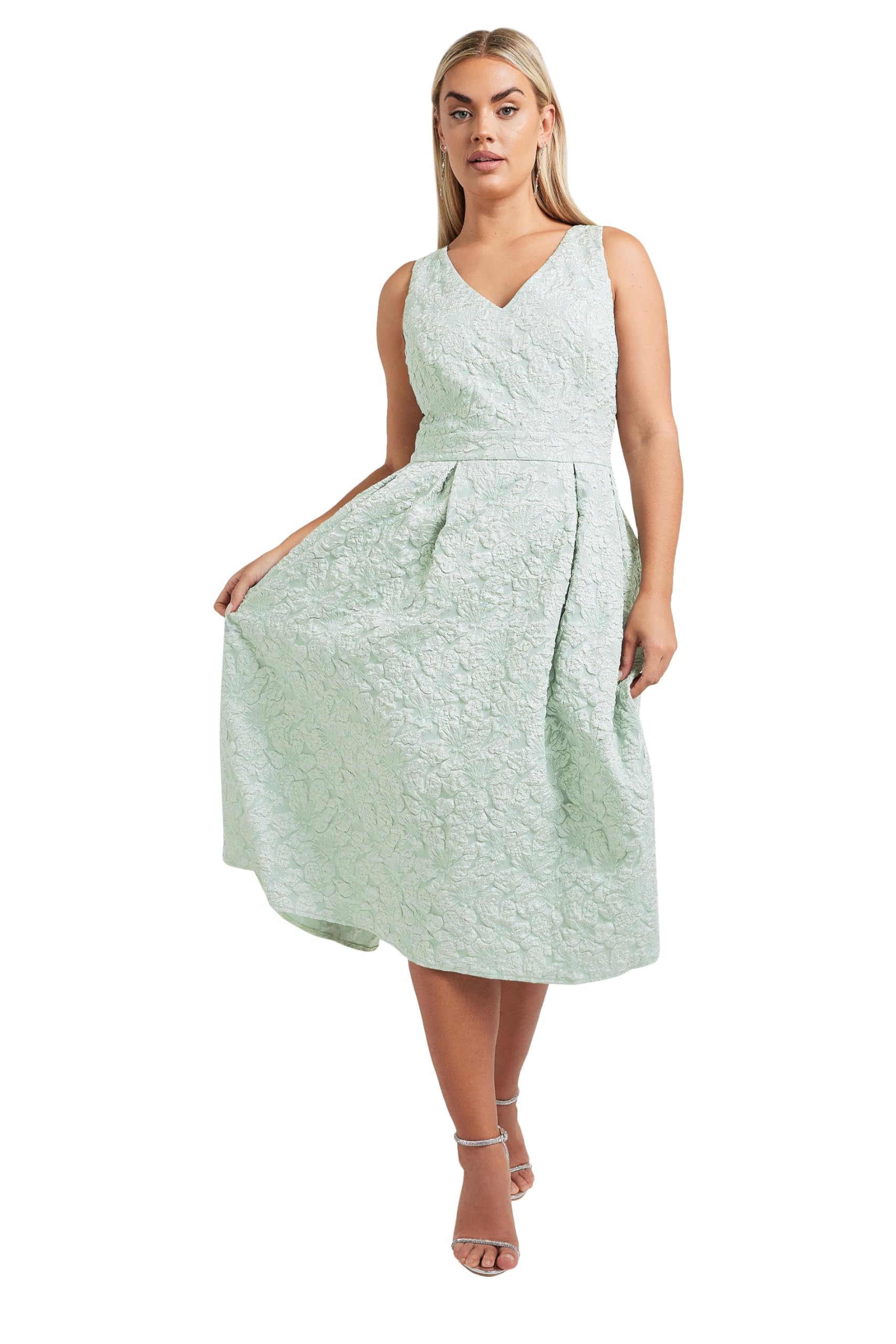 Yours London Curve Green Floral Jacquard Prom Skater Dress - Women's - Plus Size Curve