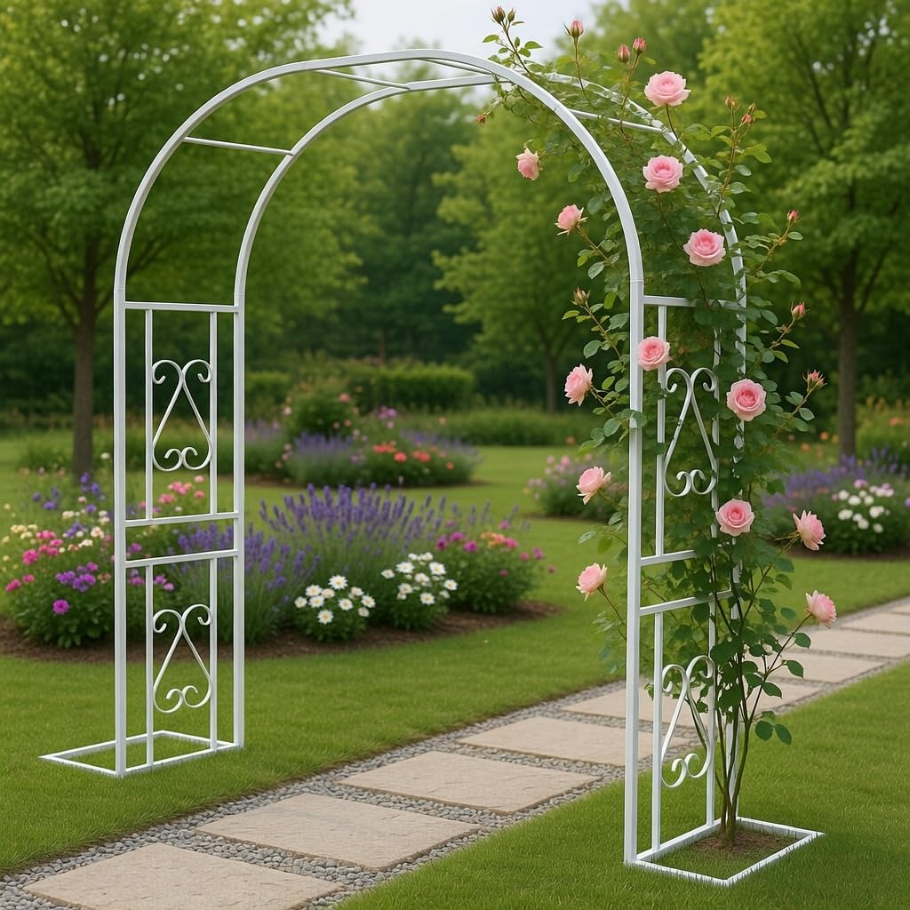 Garden Arch Trellisă180x40x230cm/Whiteăfor Climbing Plants and Decoration, Metal Garden Arbor with Flat Base Design for Outdoor & Indoor, Lawn, Wooden Floor, Concrete
