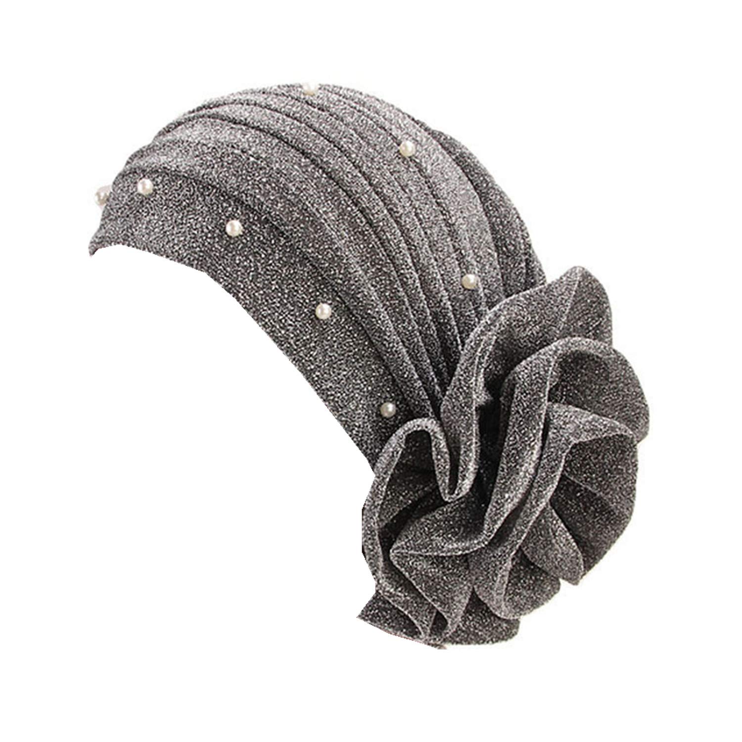 Women Muslim Beaded Glitter Turban India Cap Big Flower Headband Hair Lose Head Wraps