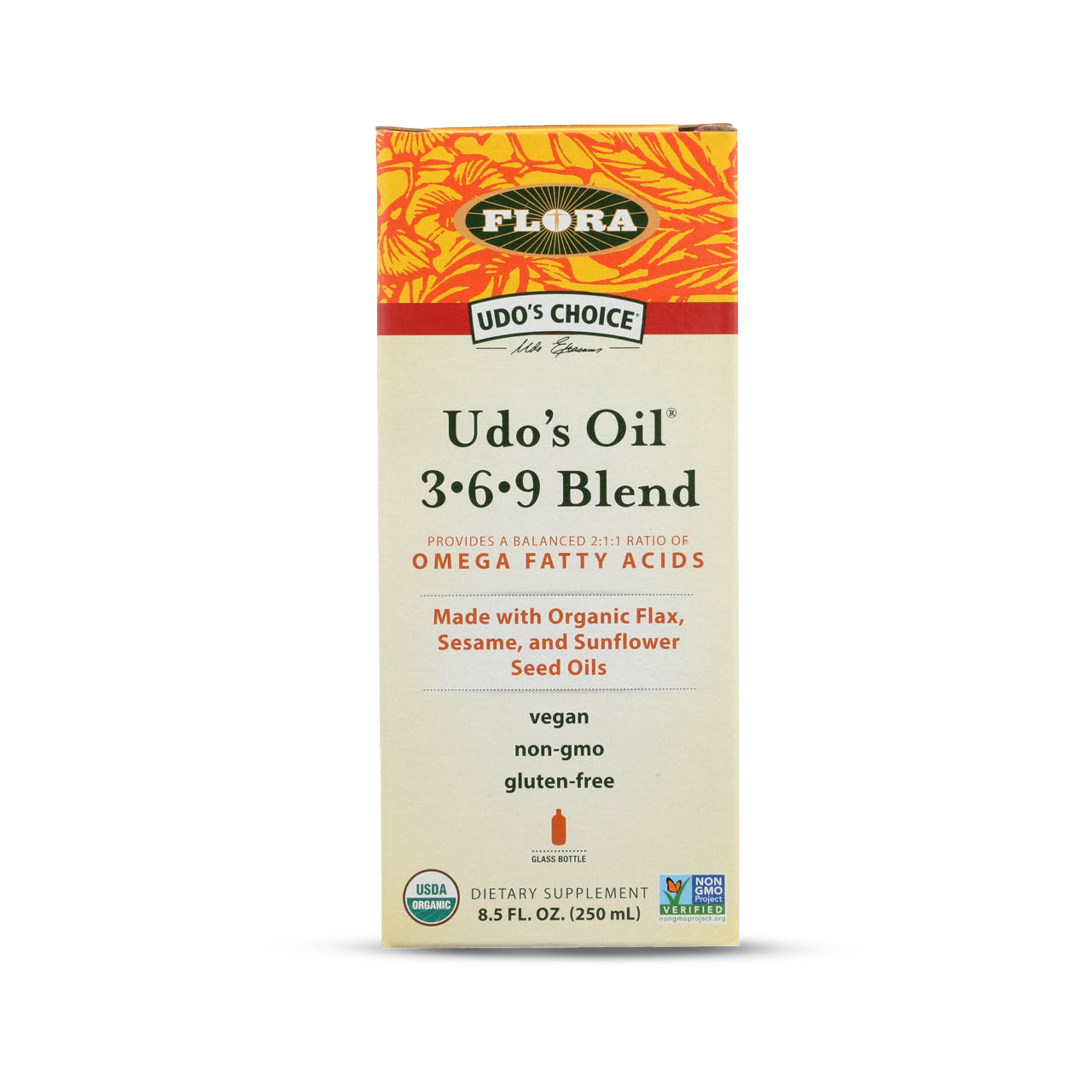 Flora - Udo's Choice Omega 369 Oil Blend, Made with Organic Flax, Sesame & Sunflower Seed Oils, Plant-Based Vegan Omega Fatty Acids, Based on Ideal 2:1:1 Ratio, 8.5-fl. oz. Glass Bottle