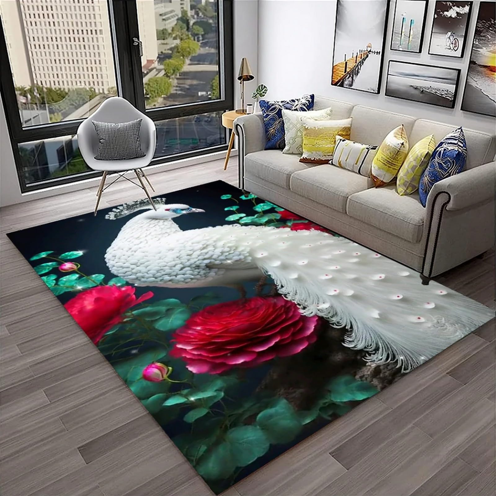Tapis 3D paon imprimé de salon 140 x 200 cm haute densité et grand confort
