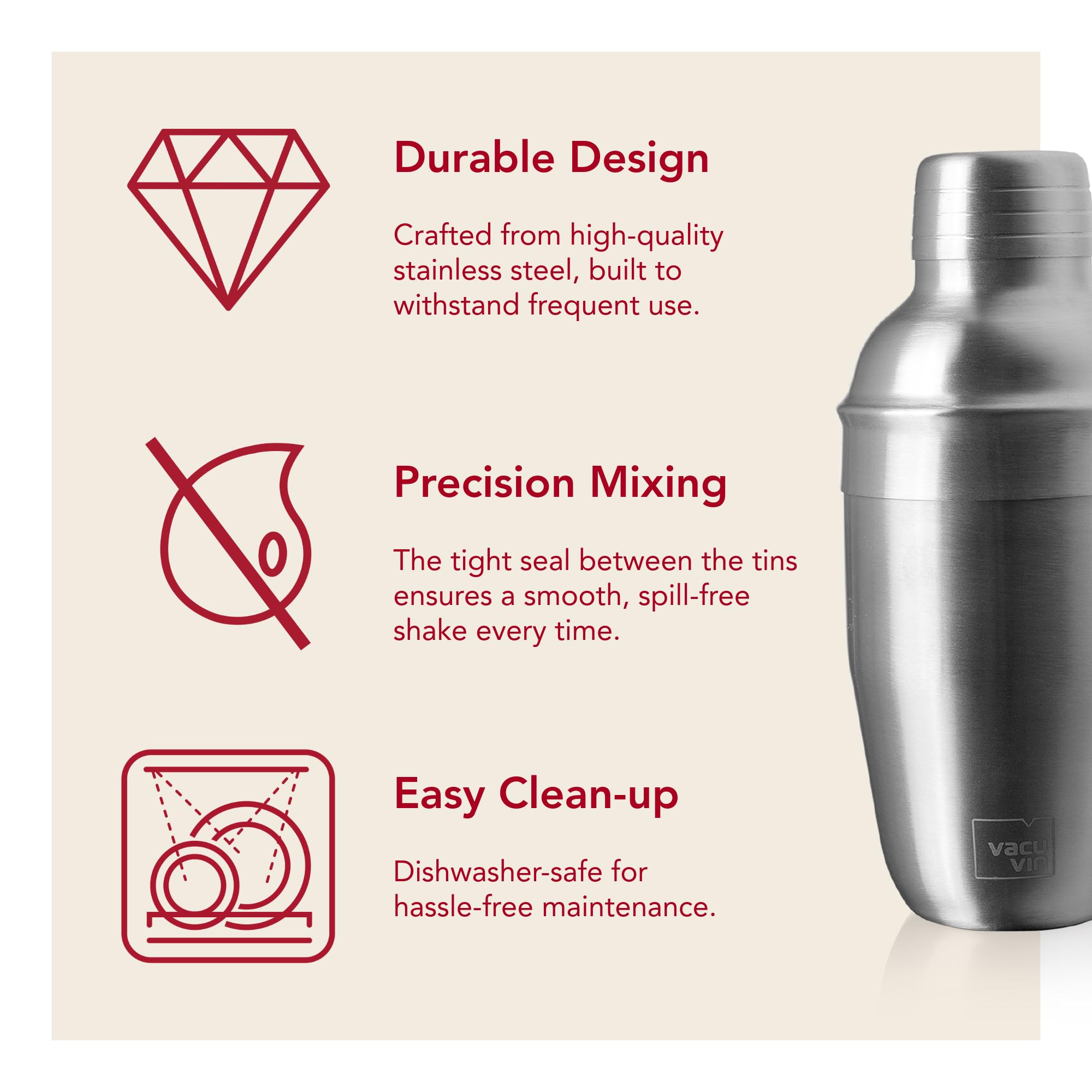 Vacu Vin Cocktail-Set Plus – 7 unverzichtbare Werkzeuge zum Mischen und Servieren von Cocktails – spülmaschinenfest – Cocktailshaker, Doppel-Messbecher, Stößel, Hawthorne-Sieb – perfekte Weingeschenke