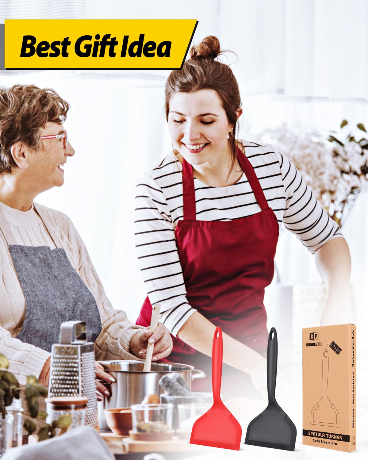 Paquete de 2 espátulas anchas de silicona, pala antiadherente para panqueques con mango corto, girador flexible frito, utensilios de cocina sin BPA para huevos, galletas, tortillas, pescados, 7