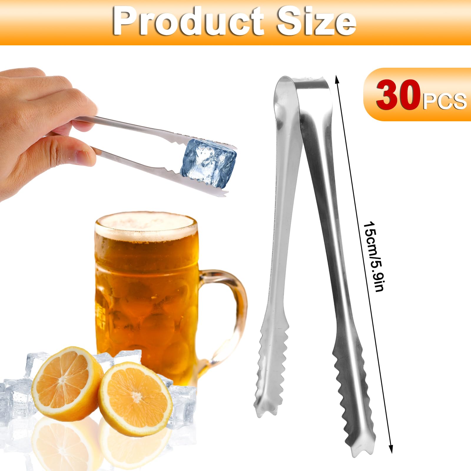 WOPPLXY 30 Pinzas para Azúcar, Pinzas para Pastelería Plateadas de 15 cm, Accesorios para Barra de Dulces de Acero Inoxidable para Bodas, Bar, Barbacoa, Picnic