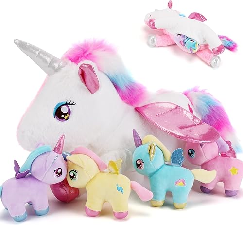 5 piezas de animales de peluche de unicornio, 1 unicornio de peluche para mamá con 4 bebés, regalos de unicornios para niñas de 3, 4, 5, 6, 7, 8,