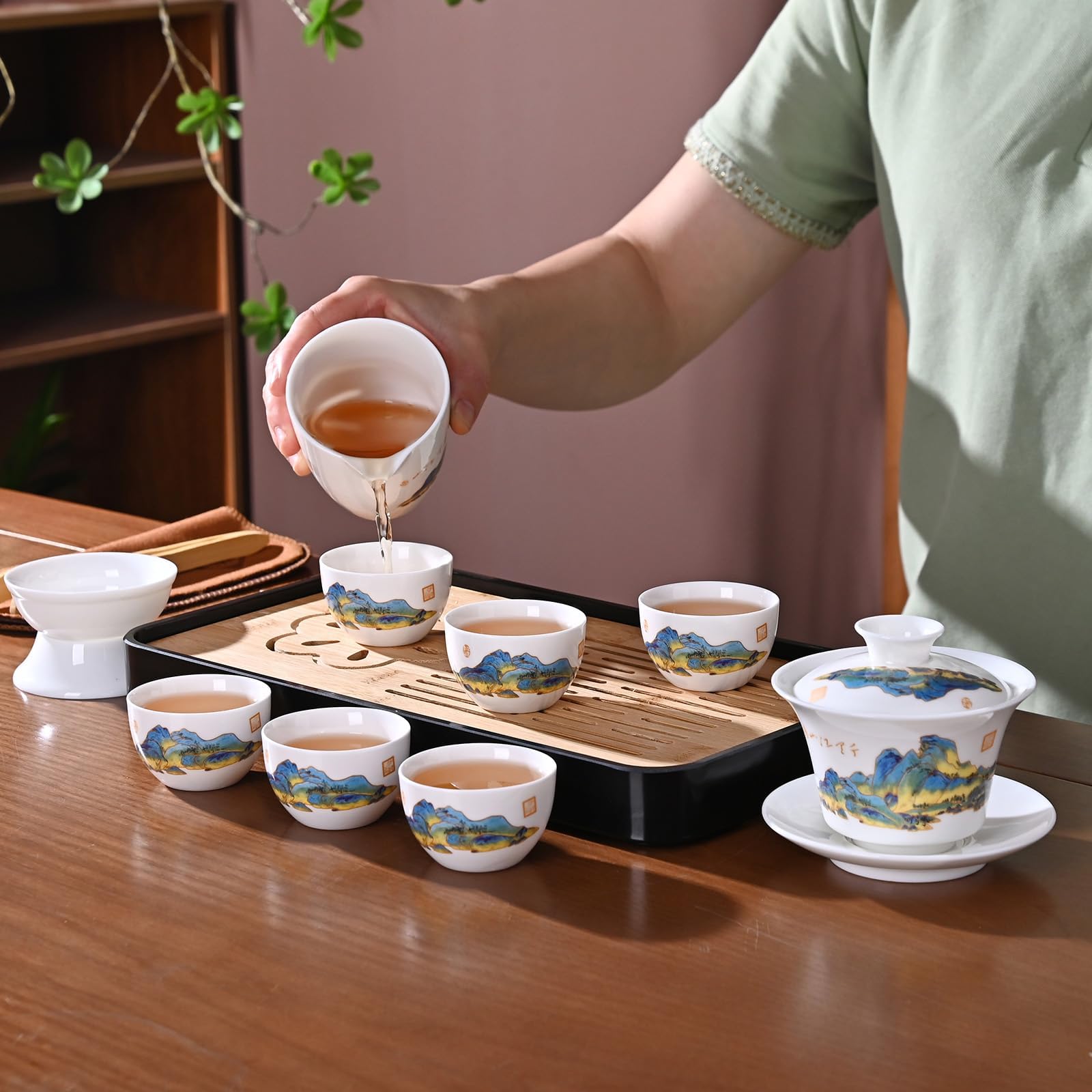 Chinesisches Teeset Traditionelles Chinesisches Kung-Fu-Teeset für Erwachsene, Gaiwan Teeset mit 6 Tassen (QLJS Gaiwan6)