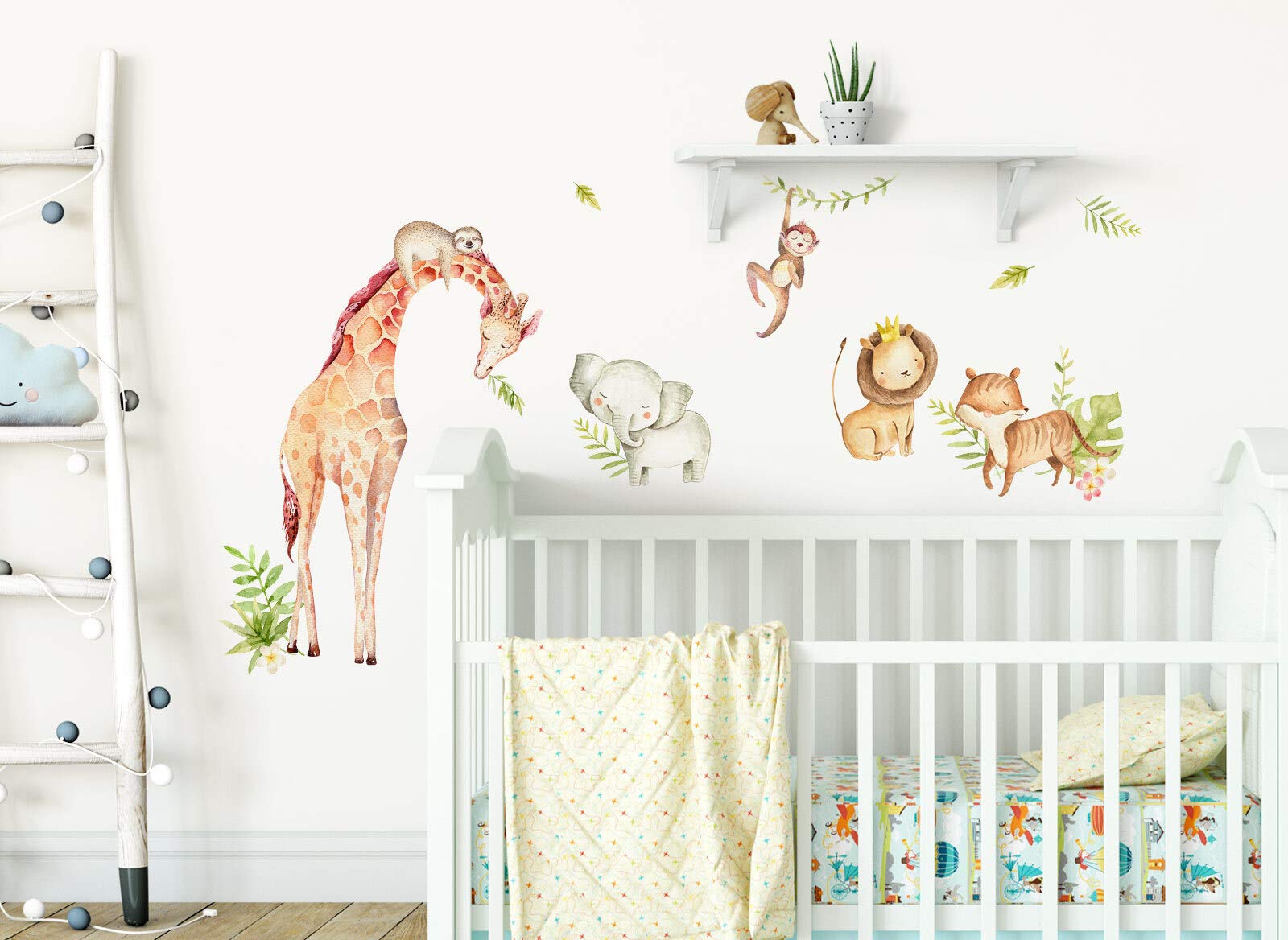 Houten muursticker babykamer - Jungledieren neushoorn, leeuw, giraf, tijger, olifant - beige – Koosje decoraties