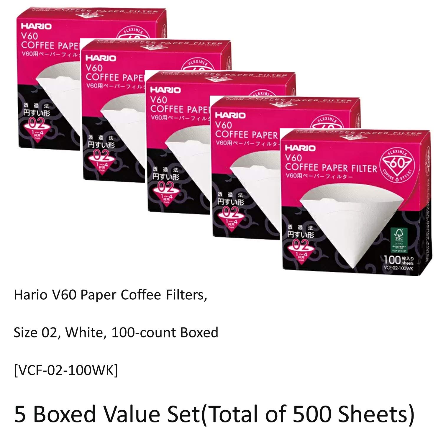 5 filtri Hario V60, formato 02, 100 pezzi, in scatola, colore bianco, confezione da 5 pezzi (totale di 500 fogli)