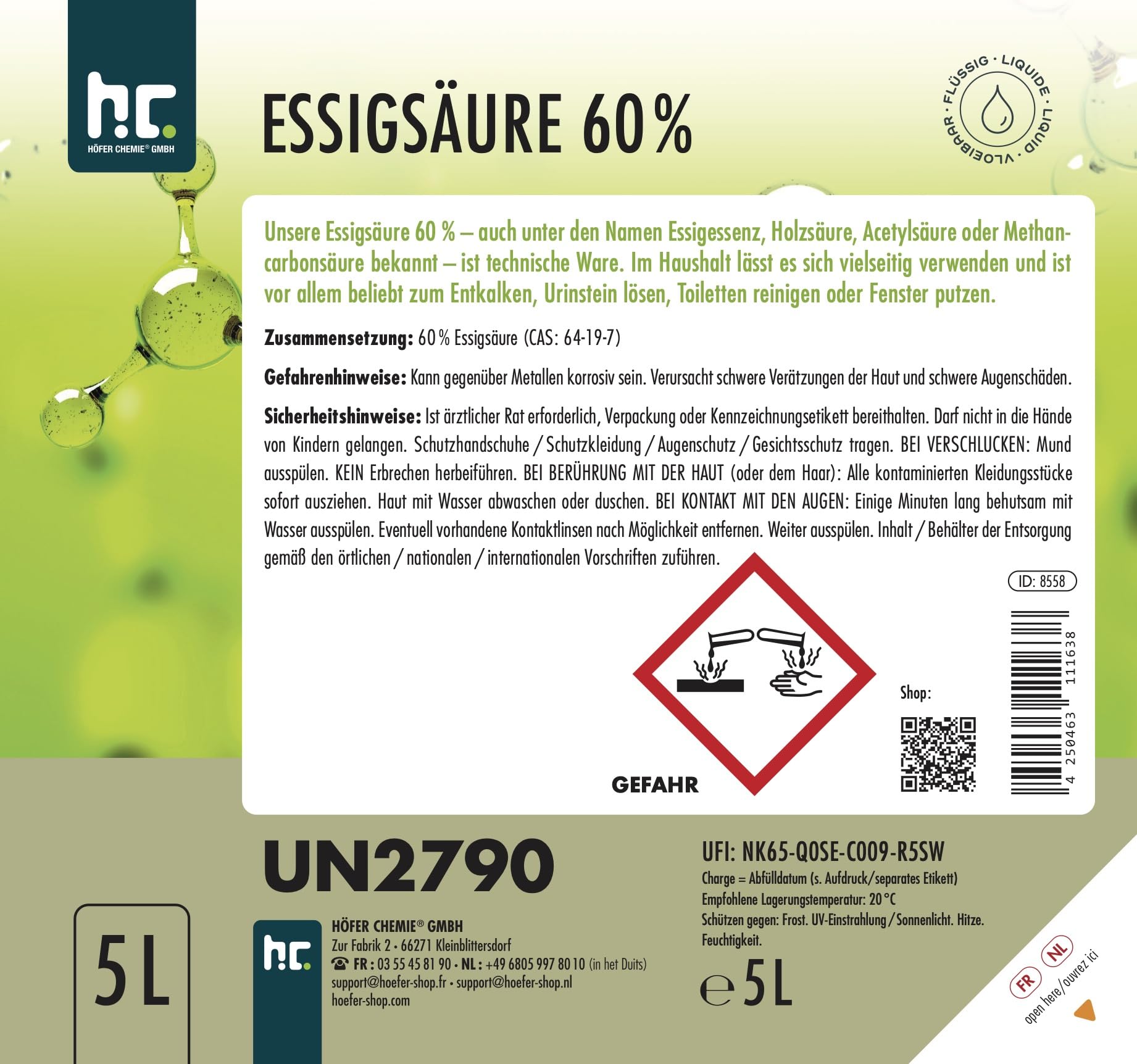 Höfer Chemie 2x 5 L Essigsäure 60% - optimaler Reiniger und Entkalker - Premium Qualität Made in Germany - frisch abgefüllt im handlichen Kanister