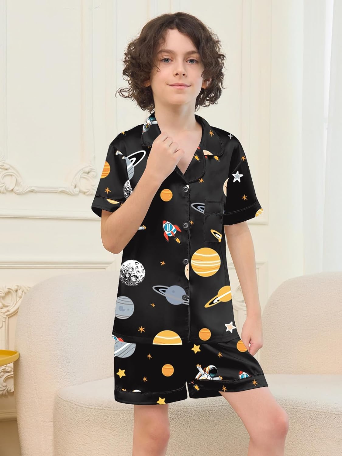 Umeyda Boys Silk Pajamas Sets Short Sleeve Sleepwear 3 Piece Pjs Set - Image 3