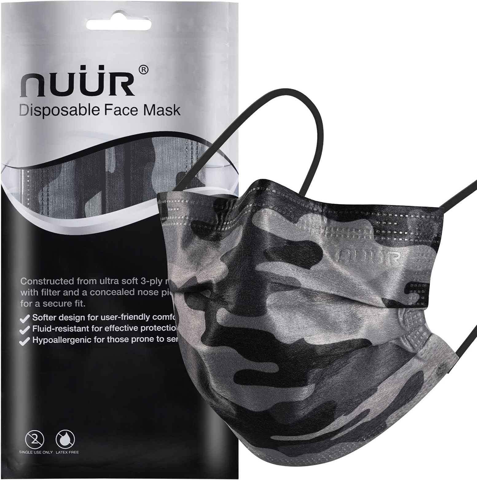 10pcs Camouflage 3 Ply Disposable Face Mask, Mask with Filter Layer and Elastic Earloop, Retail Sealed Bags