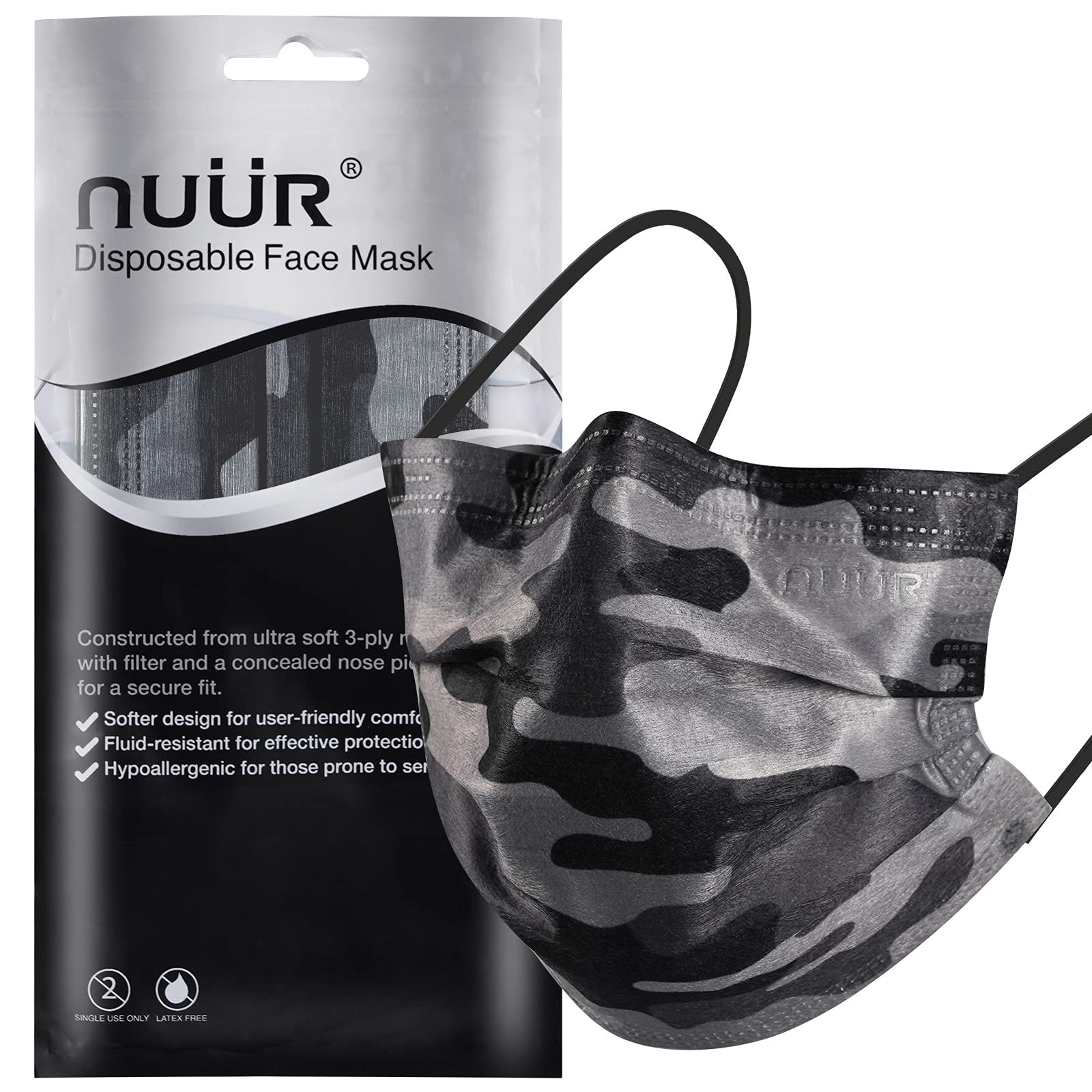 NUÜR10pcs Camouflage 3 Ply Disposable Face Mask, Mask with Filter Layer and Elastic Earloop, Retail Sealed Bags