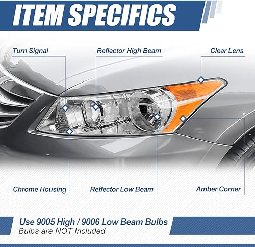 Miniatura 2 de Modelo halógeno Conjunto de faros delanteros estilo fábrica compatible con Honda Accord Sedan de 4 puertas 08-12, lado del conductor y del pasajero,