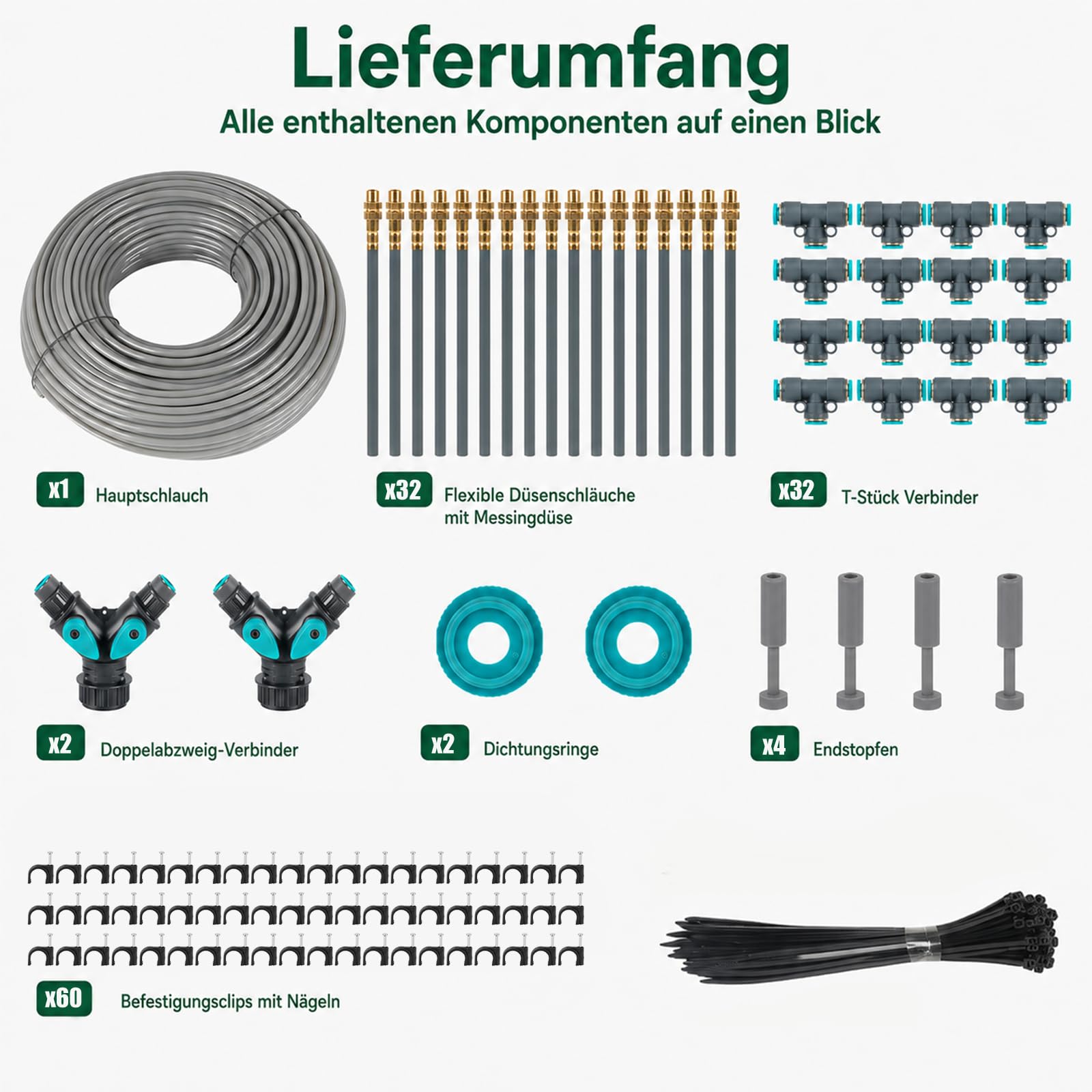 60 m Bewässerungssystem Garten, 32 verstellbare 360° Kupferdüsen, Tropfbewässerungsset mit Schnellanschluss, Sprüh- & Tropffunktion, für Balkon, Gewächshaus, Hochbeet & Rasen