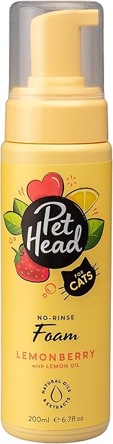 PET HEAD Cat No Rinse Foam 200ml, Felin Good, Fruity Scent with Aloe Vera, Best Dry Cat Shampoo for Smelly Cats, Professional Waterless Grooming, Vegan, Natural, Lick-Safe, Gentle Formula for Kittens
