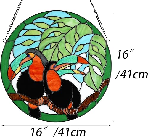 Miniatura 6 de Bieye W10070 Par de tucanes en la planta de queso suizo estilo Tiffany panel de vidrieras, forma redonda, 16 pulgadas de ancho