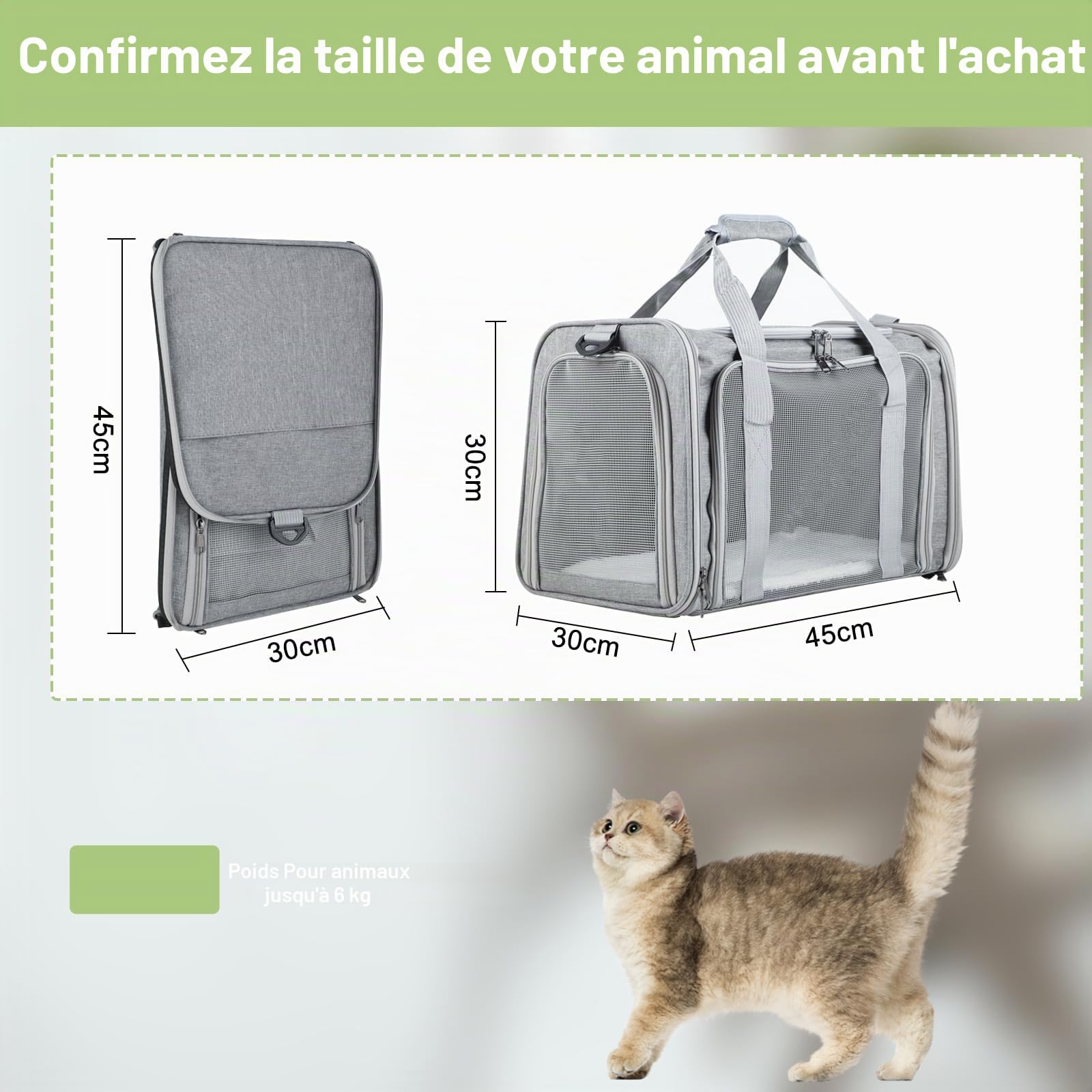 Sac Transport Chat Pliable – Cage Chat Respirante – Caisse de Transport Chat Léger pour Voyages/Voiture (Gris)