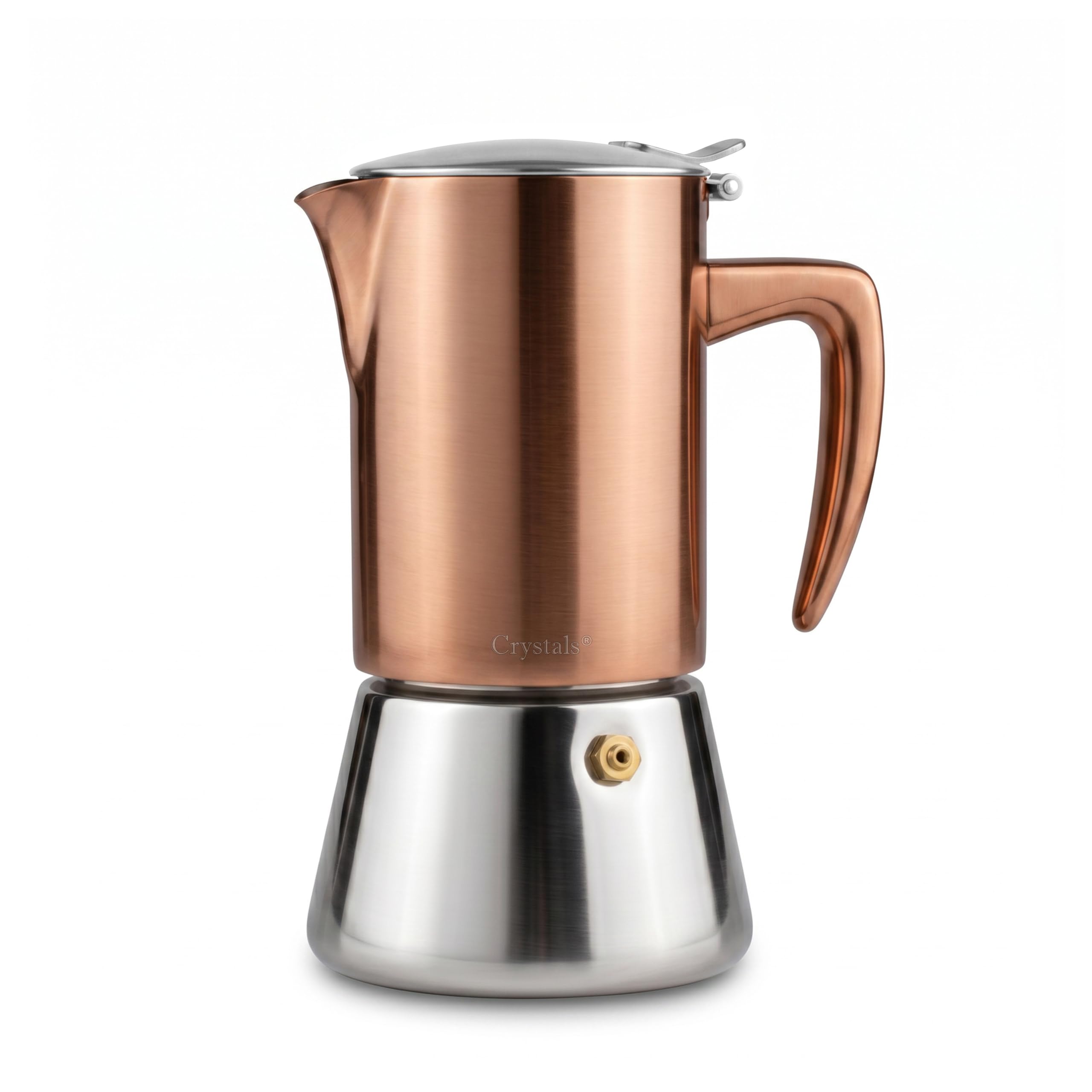 Crystals Cafetera espresso de acero inoxidable con acabado de cobre, olla Moka de 6 tazas (300 ml), cafetera italiana para inducción, cocinas de gas y eléctricas, percolador de espresso con válvula de
