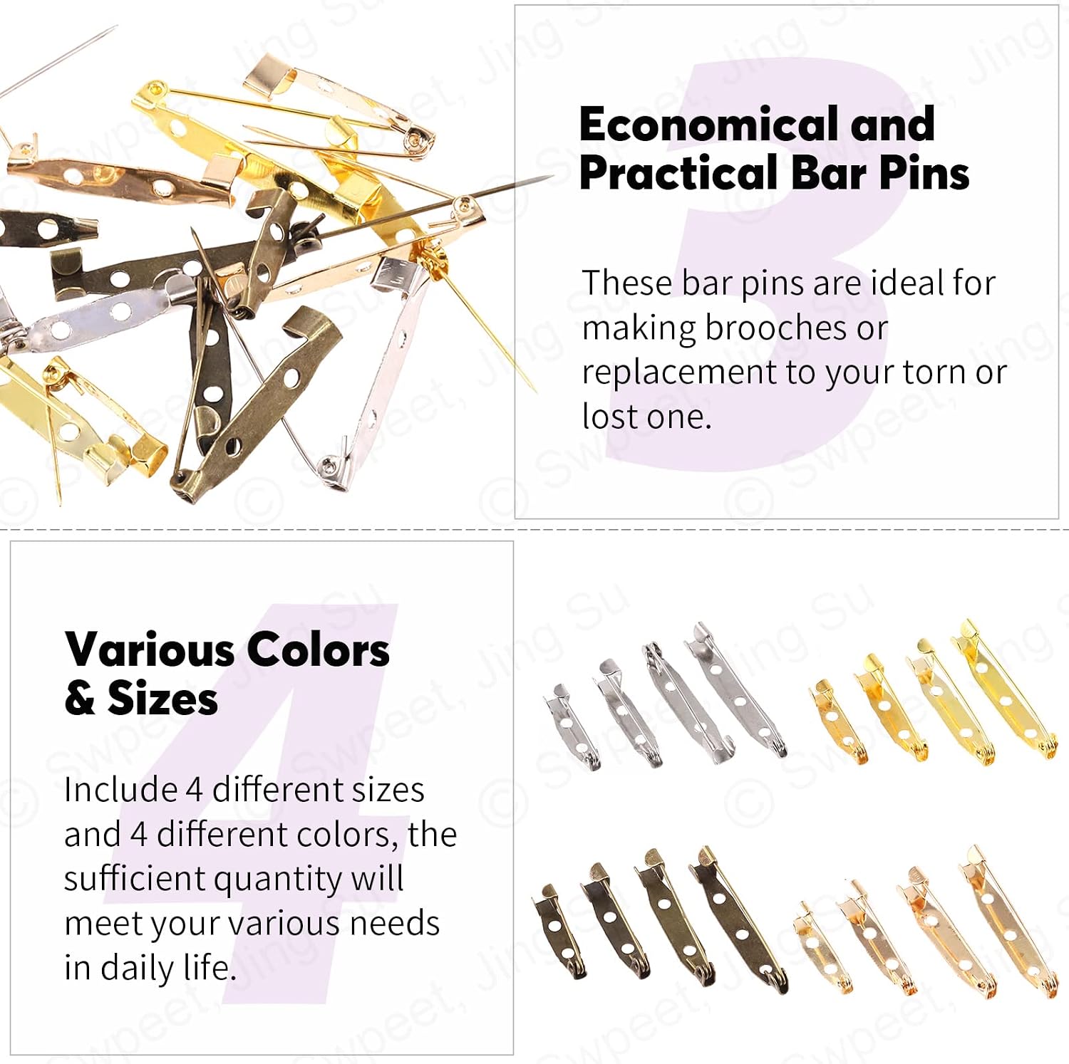 Swpeet 320Pcs 4 Colors 4/5" 1" 6/5" 7/5" Brooch Tone Pin Backs Assortment Kit, Tone Brooch Pin Backs Safety Locking Pins Backs Safety Clasp Pin with Holes for Making Corsage, Name Tags
