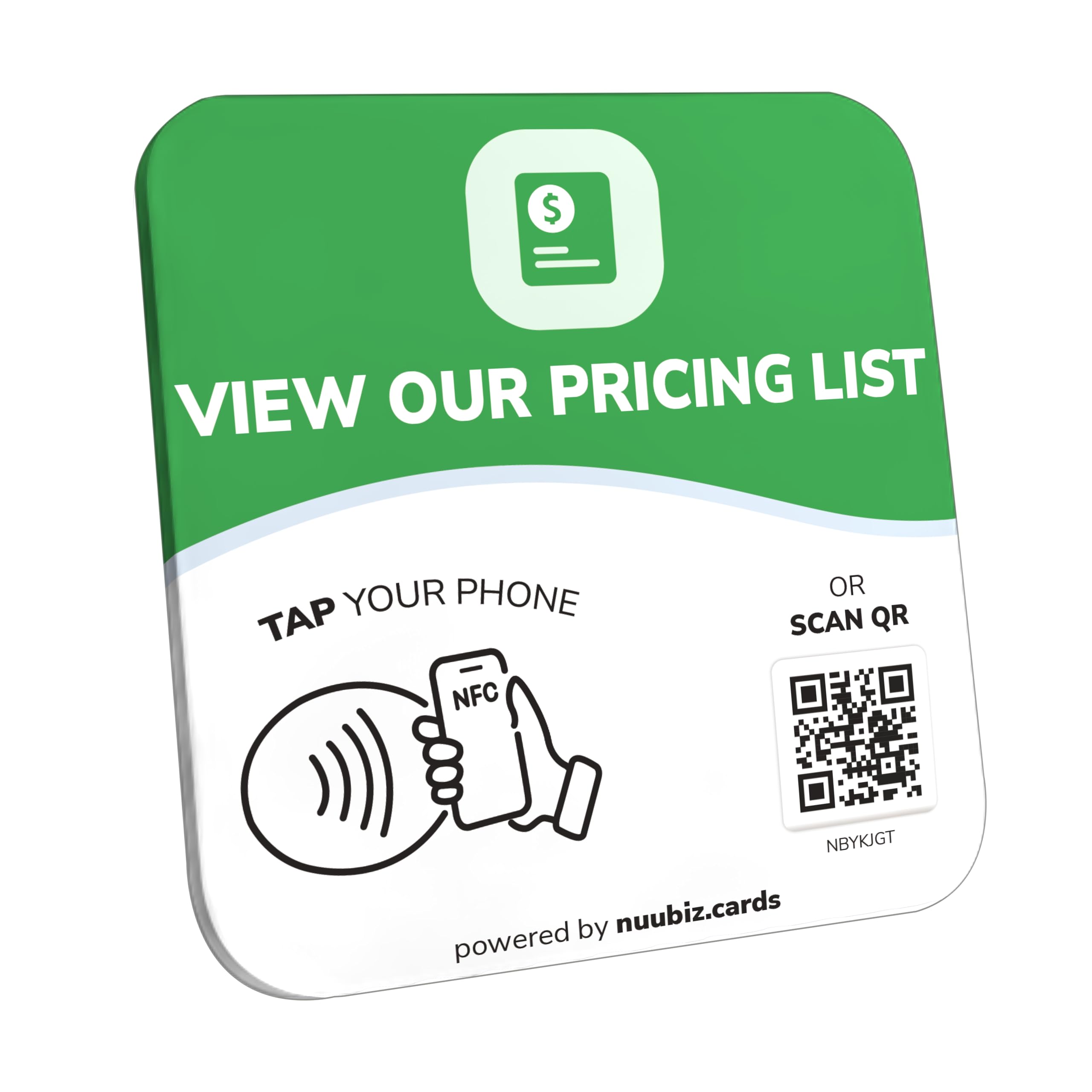 NFC Plate with QR Code Sign for Business – Tap or Scan to View Our Pricing list - Acrylic Business Sign with Adhesive & Stand - QR Code Display – Works with Your Existing Link – No App, No Fees