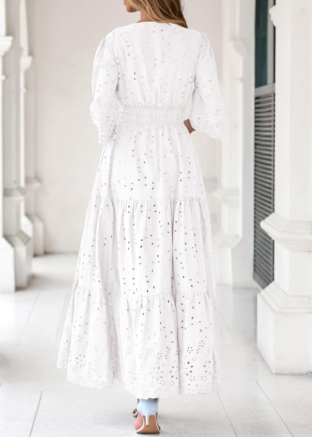 Lazysmile Long Sleeve Dresses For Women V Neck Hollow Out Eyelet Ruffle Swing A-Line Fall Vacation Boho Maxi Dress - Image 2