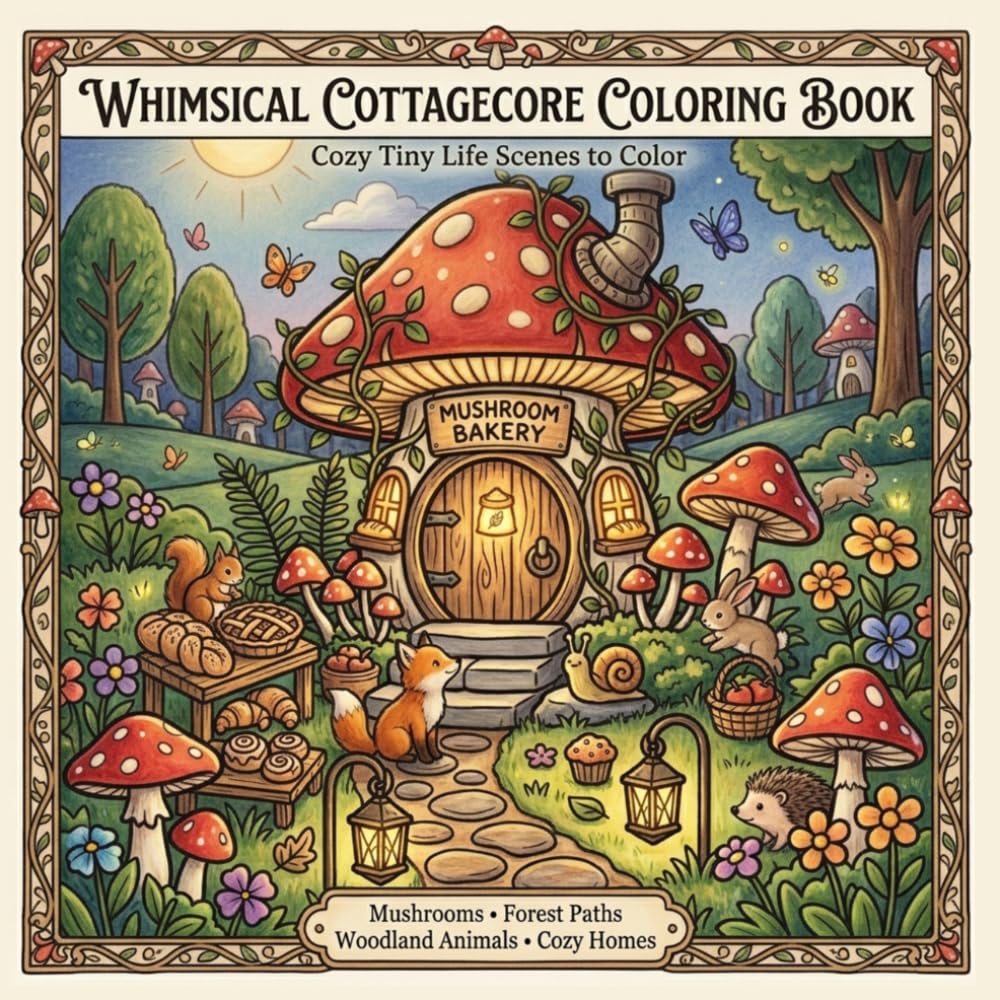 Whimsical Cottagecore Coloring Book: Cozy Tiny Life Scenes to Color, mushroom houses, woodland animals, cottage adventures, cozy homes, forest paths