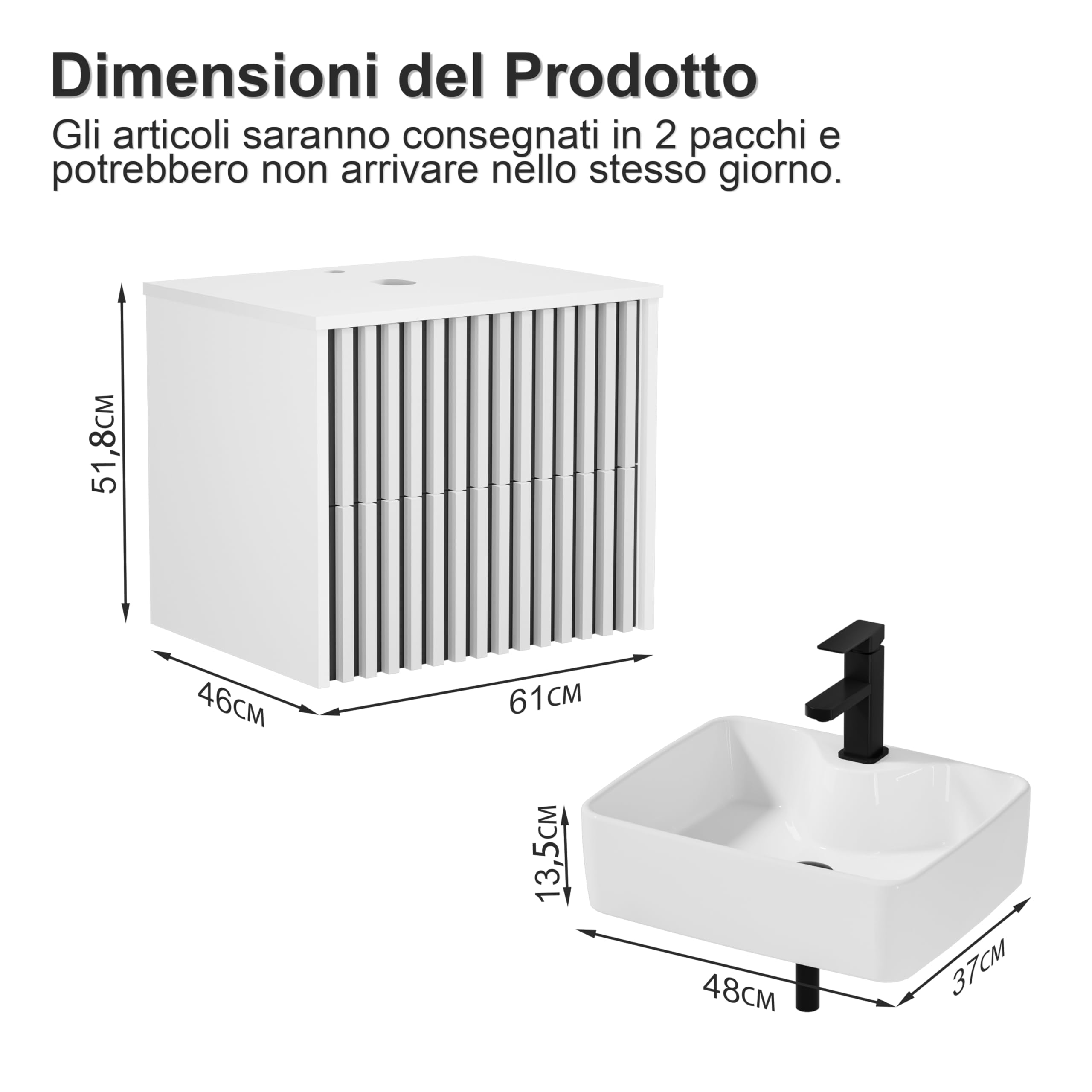 UEV Mobiletto Bagno 60CM con Lavabo in Ceramica, Mobile Bagno Sospeso Combina Eleganza e Funzionalità, Lavandino con Mobiletto da Parete, Bianco+Nero